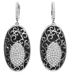 Estate Black Diamond 18K White Gold Cluster Dangle Drop Earrings