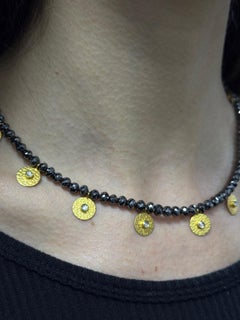 Estate Black Diamond Beaded Necklace with 11 Yellow Gold Disc Charms 16 Inch