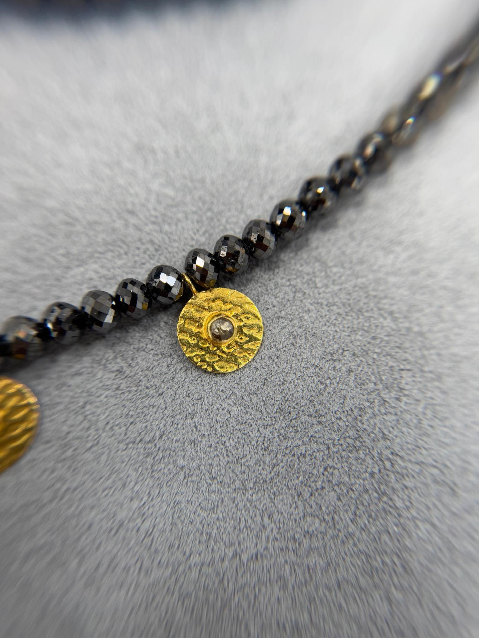 Rose Cut Estate Black Diamond Beaded Necklace with 11 Yellow Gold Disc Charms 16 Inch For Sale