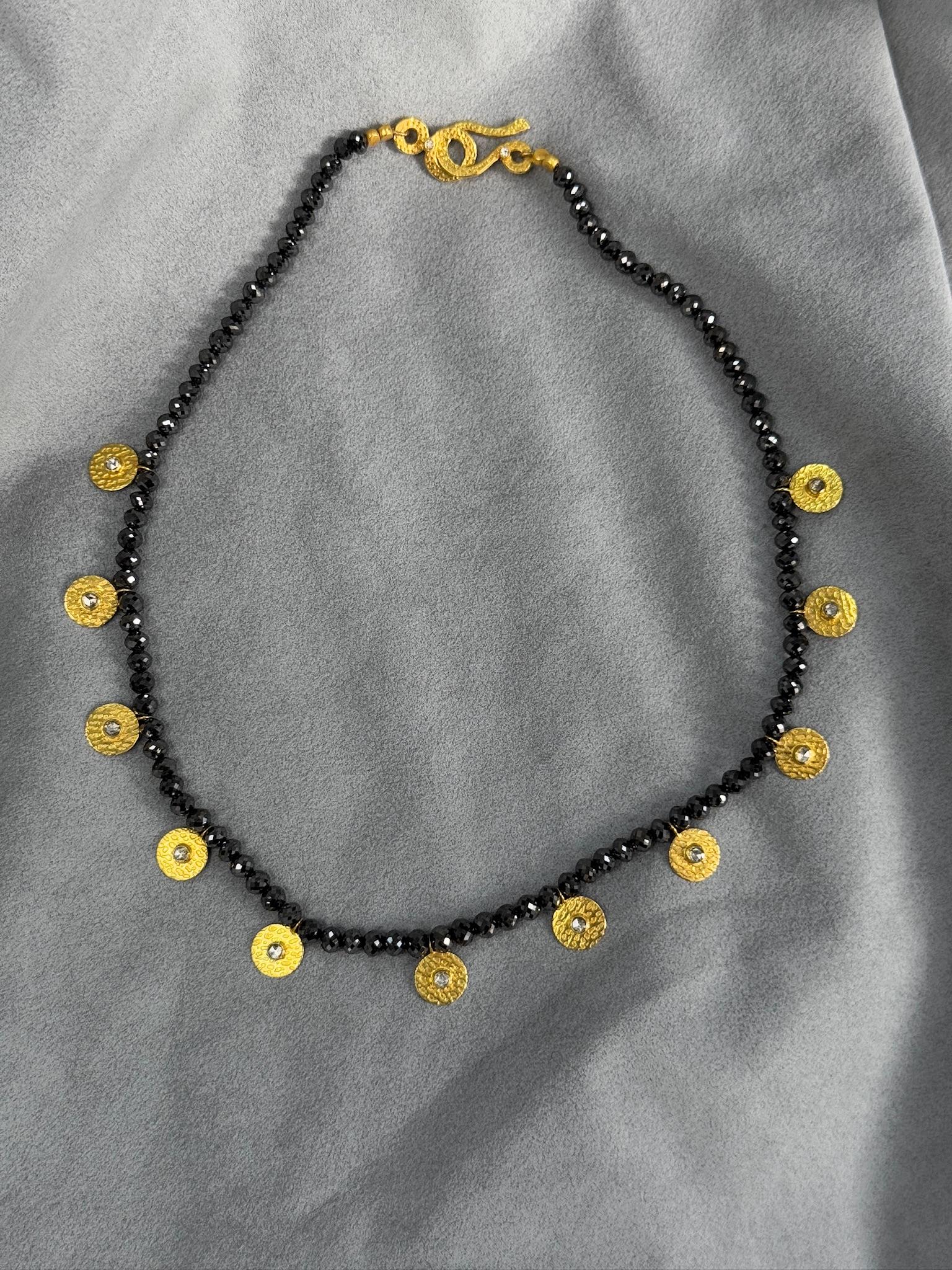 Estate Black Diamond Beaded Necklace with 11 Yellow Gold Disc Charms 16 Inch In Excellent Condition For Sale In New York, NY