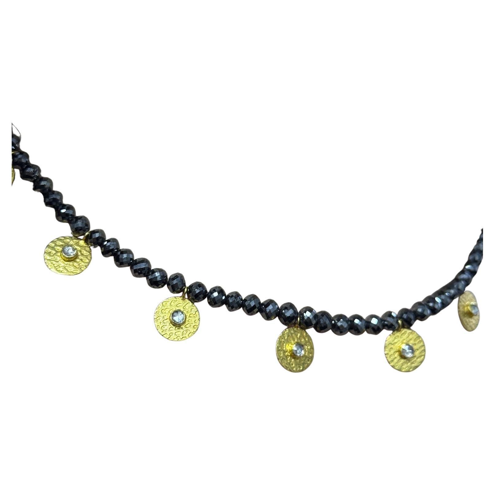 Estate Black Diamond Beaded Necklace with 11 Yellow Gold Disc Charms 16 Inch For Sale