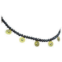 Estate Black Diamond Beaded Necklace with 11 Yellow Gold Disc Charms 16 Inch
