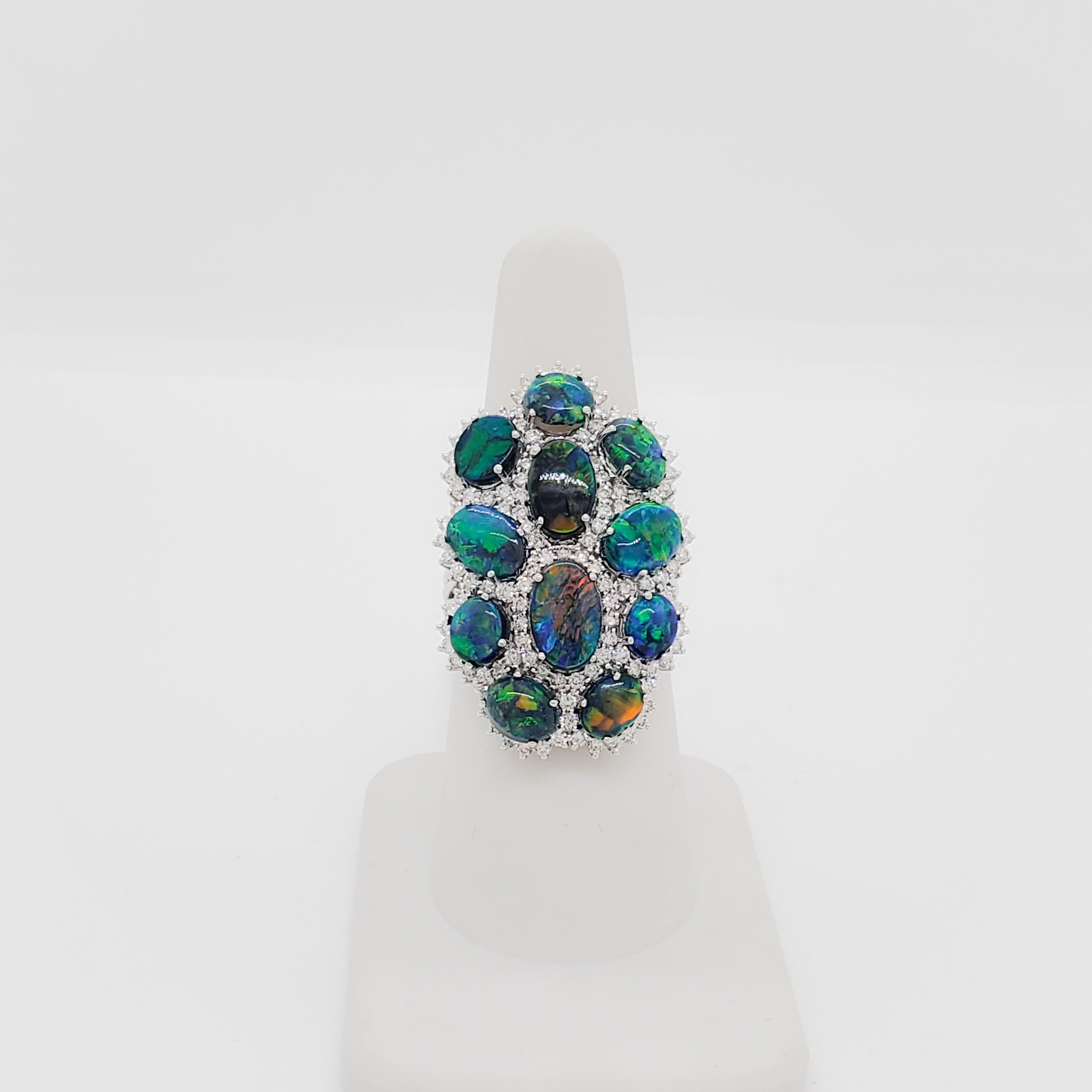  Black Opal and Diamond Cluster Ring in 18k White Gold In Excellent Condition For Sale In Los Angeles, CA