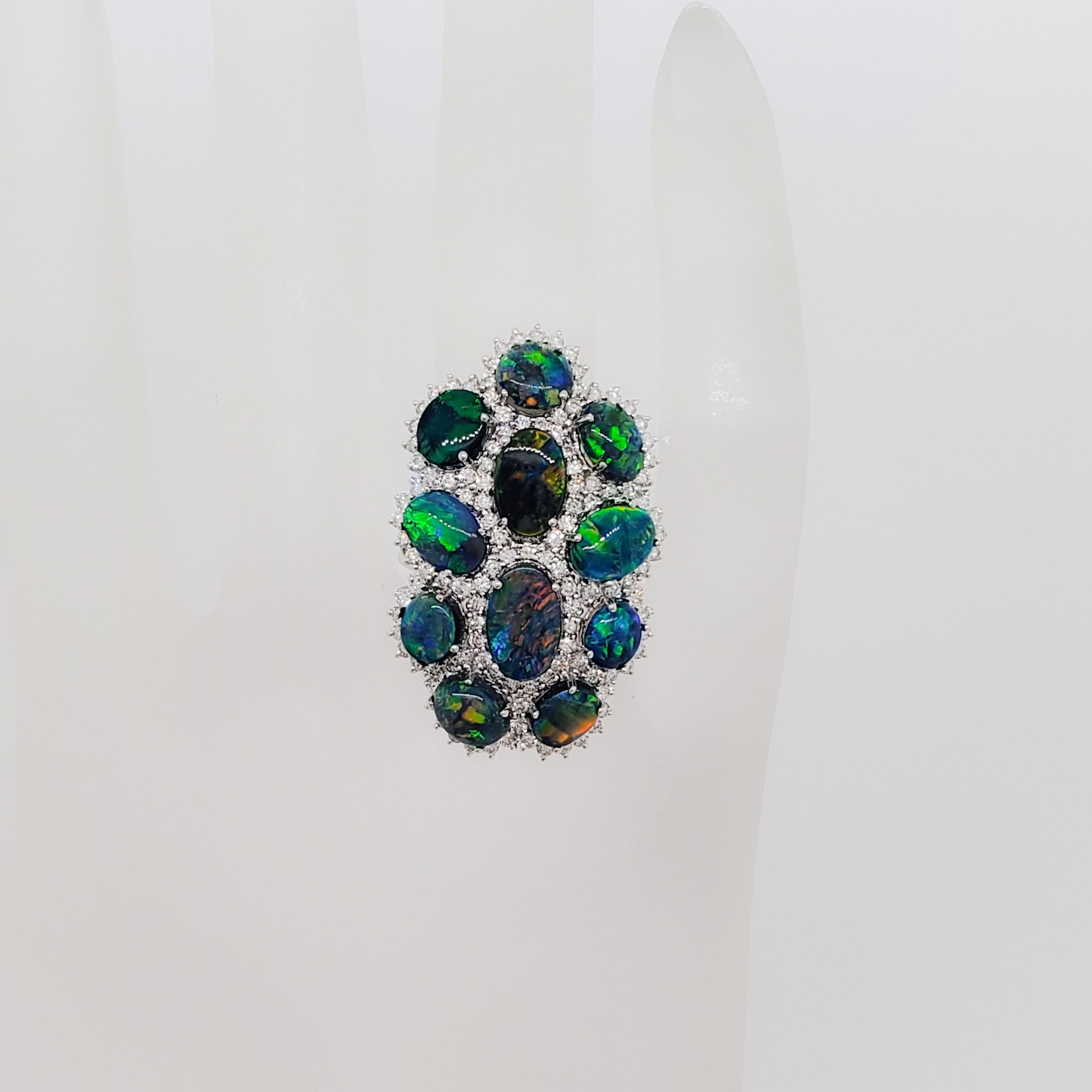 Women's or Men's Black Opal and Diamond Cluster Ring in 18k White Gold