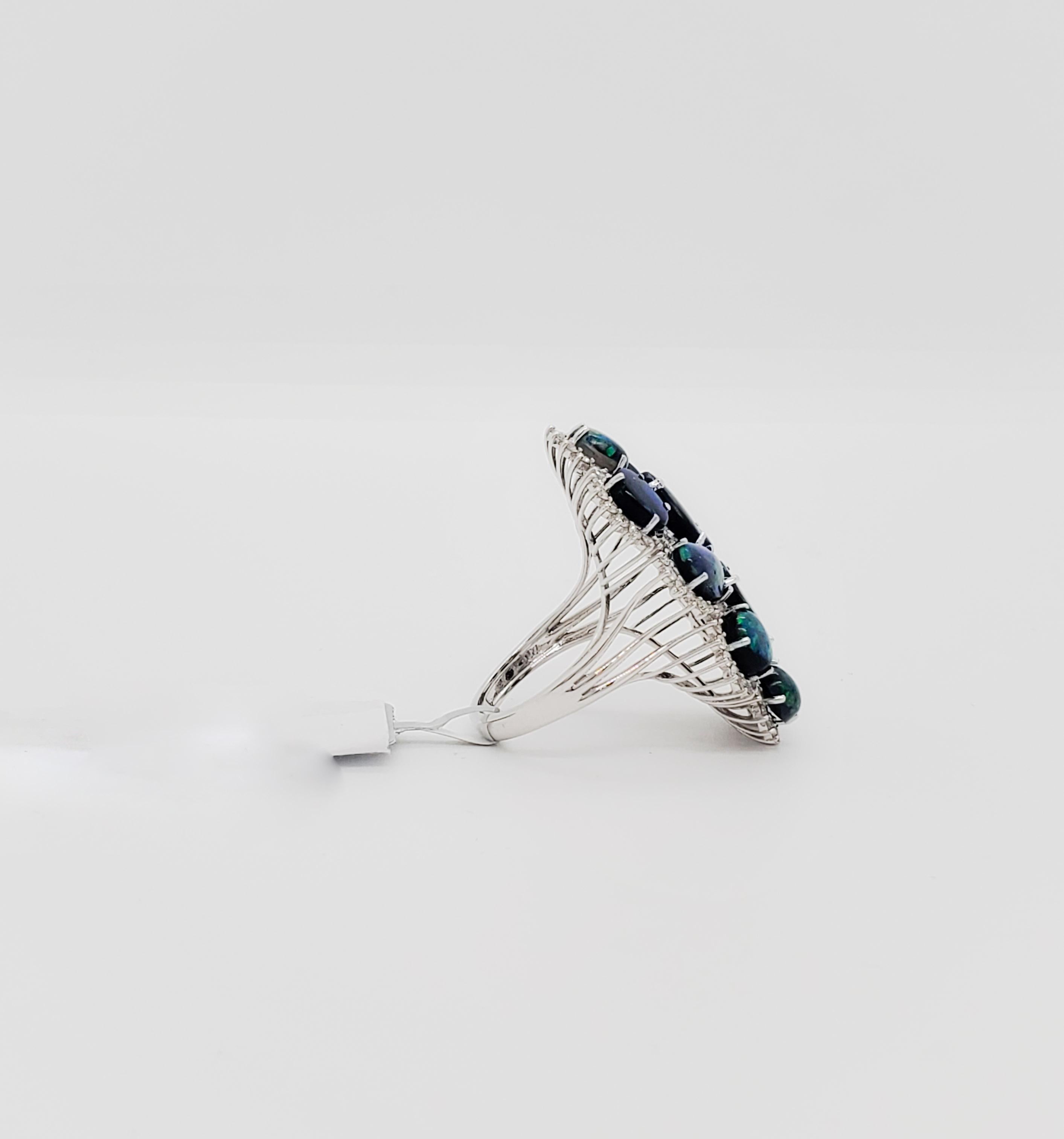 Black Opal and Diamond Cluster Ring in 18k White Gold 1