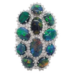 Estate Black Opal and Diamond Cluster Ring in 18k White Gold
