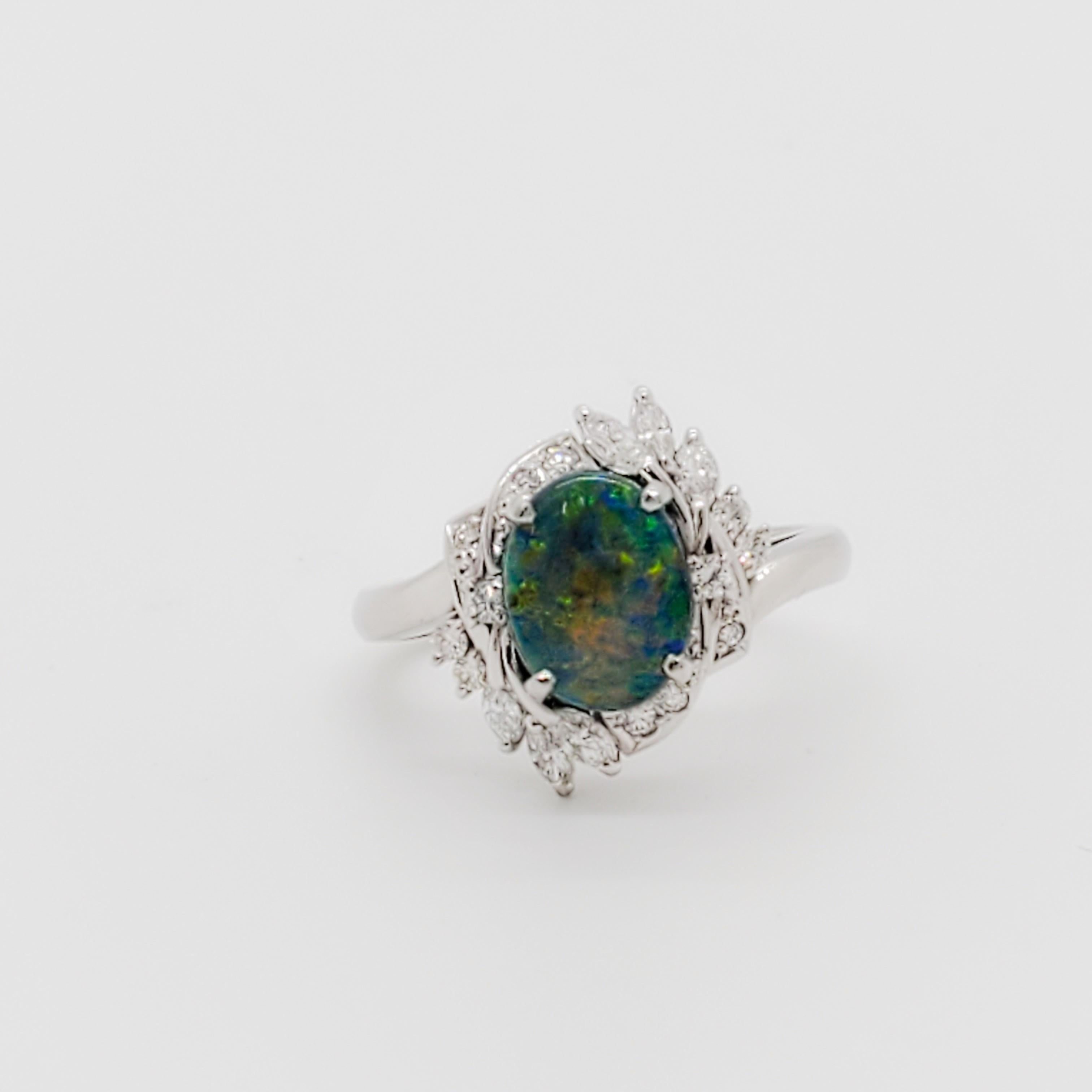 Women's or Men's Estate Black Opal and Diamond Cocktail Ring in Platinum