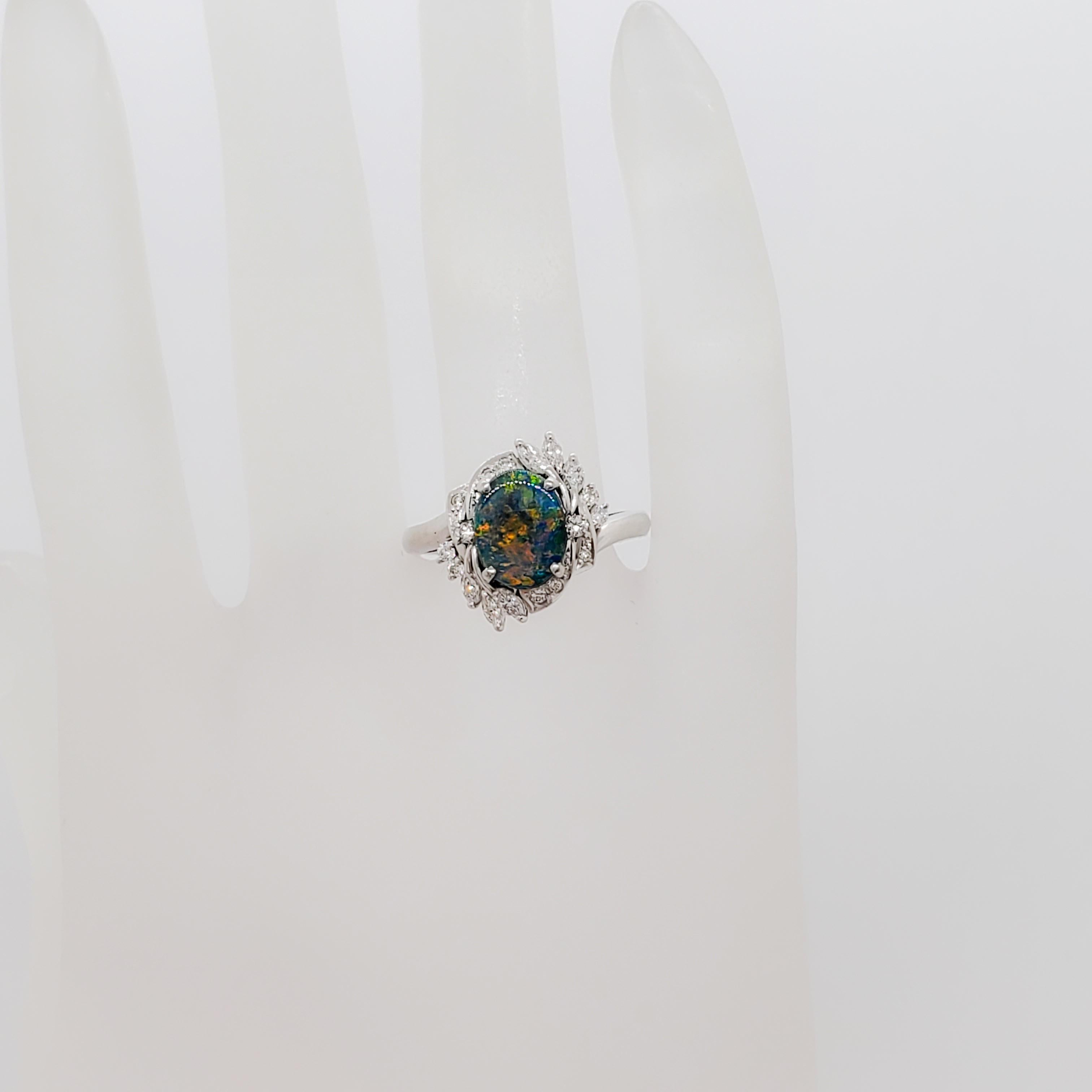 Oval Cut Estate Black Opal and Diamond Cocktail Ring in Platinum