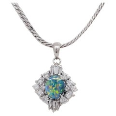 Estate Black Opal and Diamond Pendant Necklace in Platinum