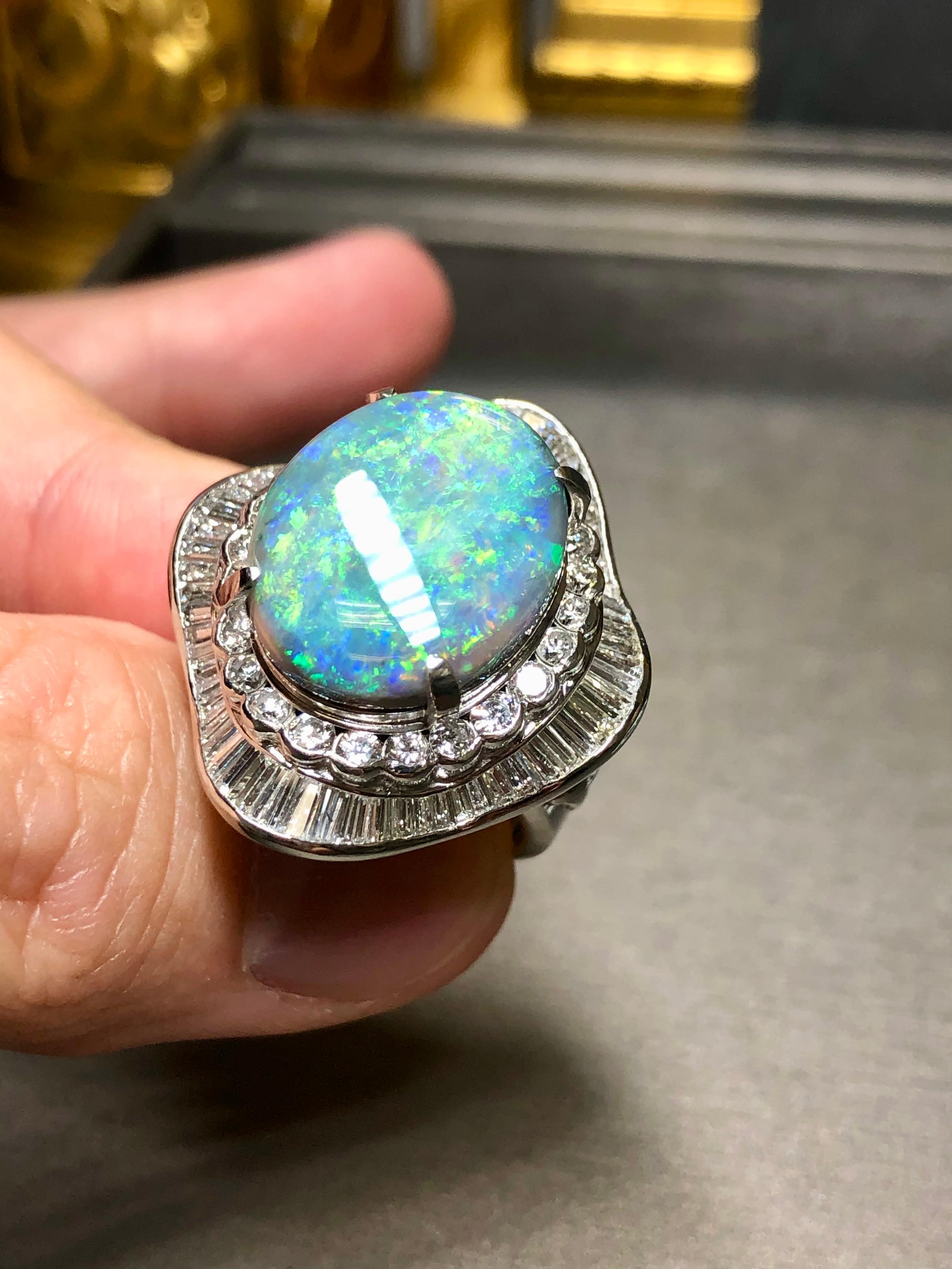 Estate Opale nero Baguette Diamante rotondo GRANDE Anello Ballerina Cocktail 13,70cttw in vendita 2