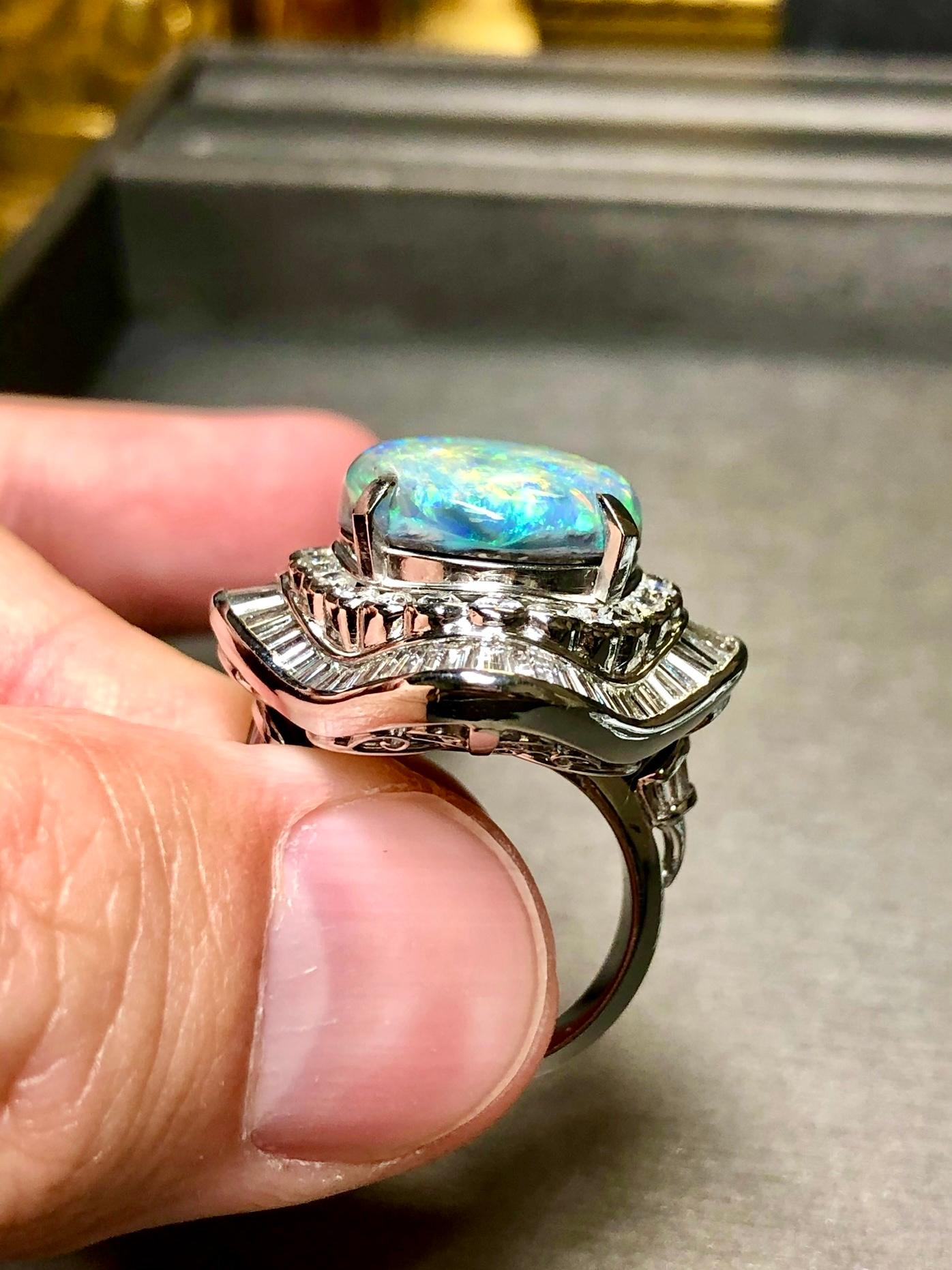 Estate Opale nero Baguette Diamante rotondo GRANDE Anello Ballerina Cocktail 13,70cttw in vendita 3
