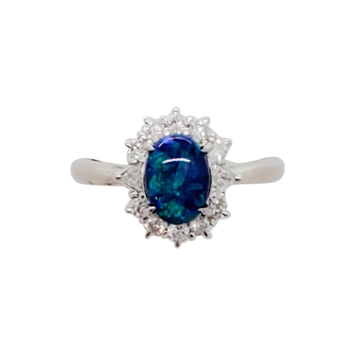 Estate Black Opal Oval and White Diamond Cluster Ring