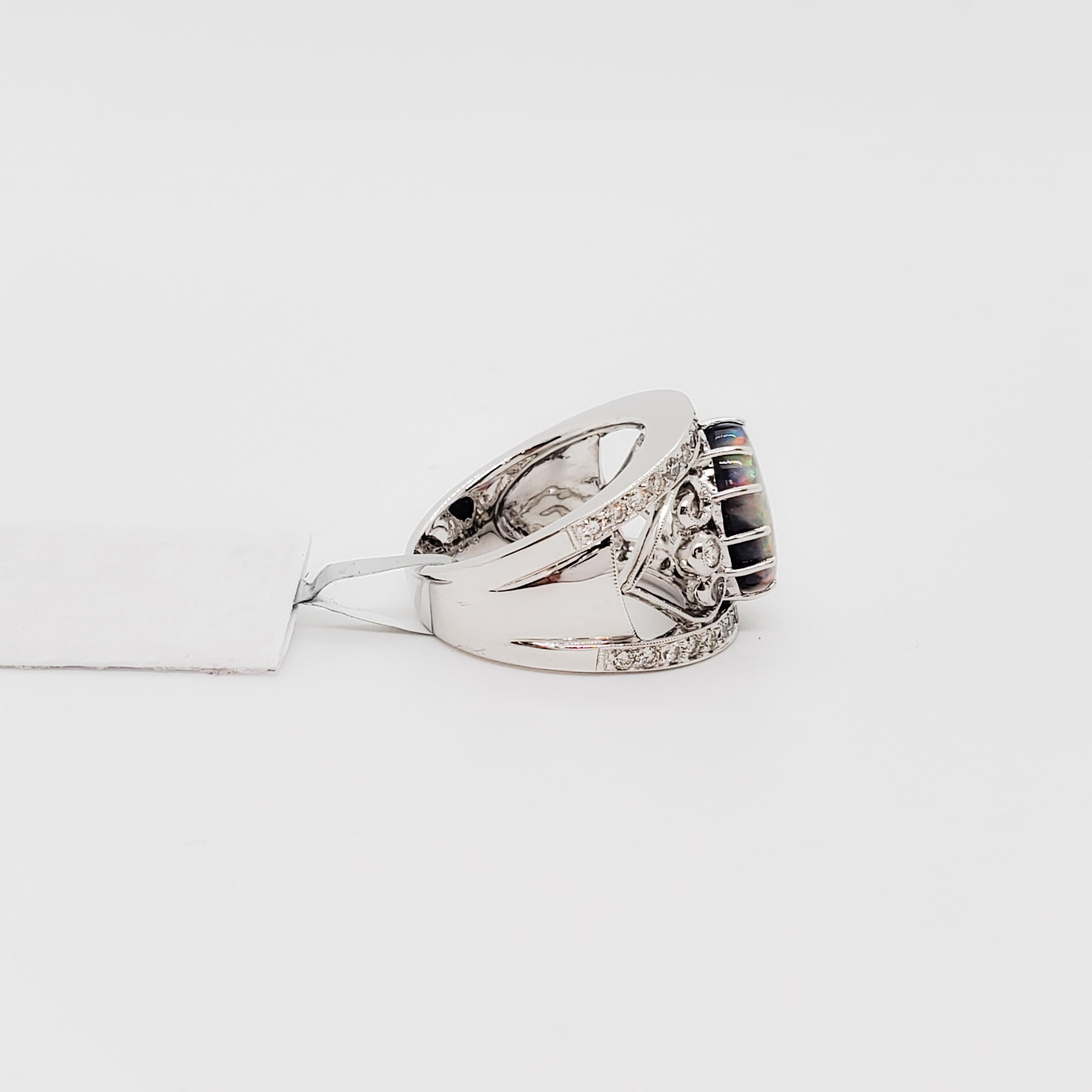 Women's or Men's Estate Black Opal Oval and White Diamond Cocktail Ring in 18k White Gold