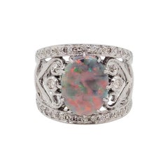 Estate Black Opal Oval and White Diamond Cocktail Ring in 18k White Gold