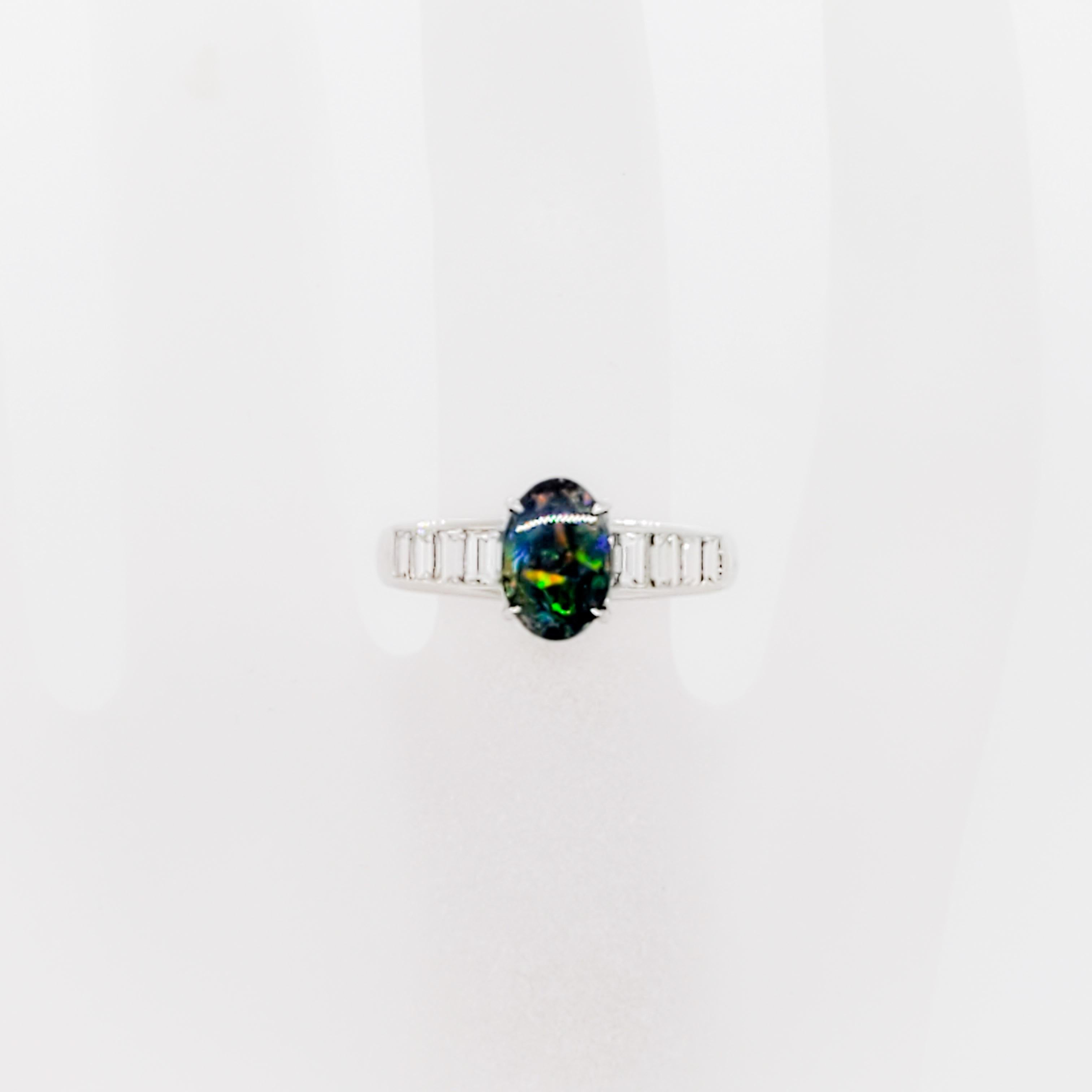 Oval Cut Estate Black Opal Oval and White Diamond Cocktail Ring in Platinum