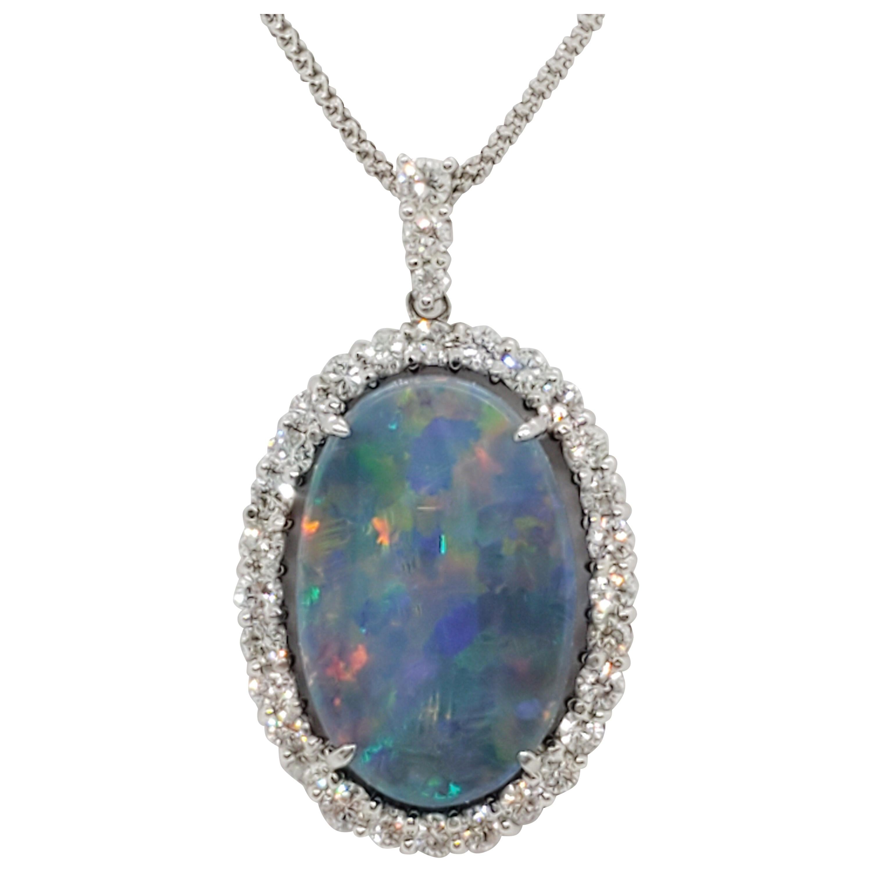 Estate Opal Oval and White Diamond Pendant Necklace in Platinum For
