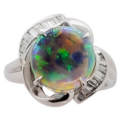 Estate Black Opal Round and Diamond Ring in Platinum