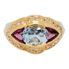 Estate Blue Aquamarine, Pink Tourmaline and White Diamond Cocktail Ring