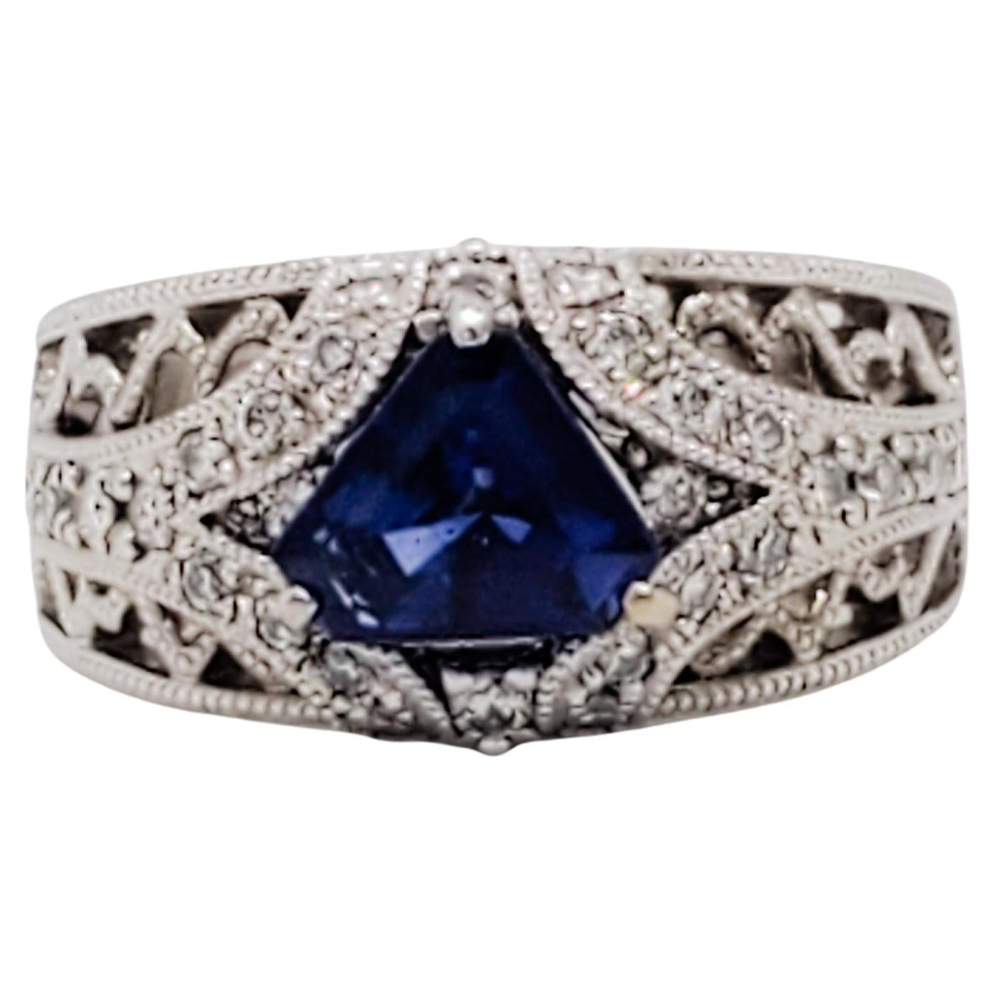 Estate Blue Sapphire and Diamond Cocktail Ring in 18k White Gold