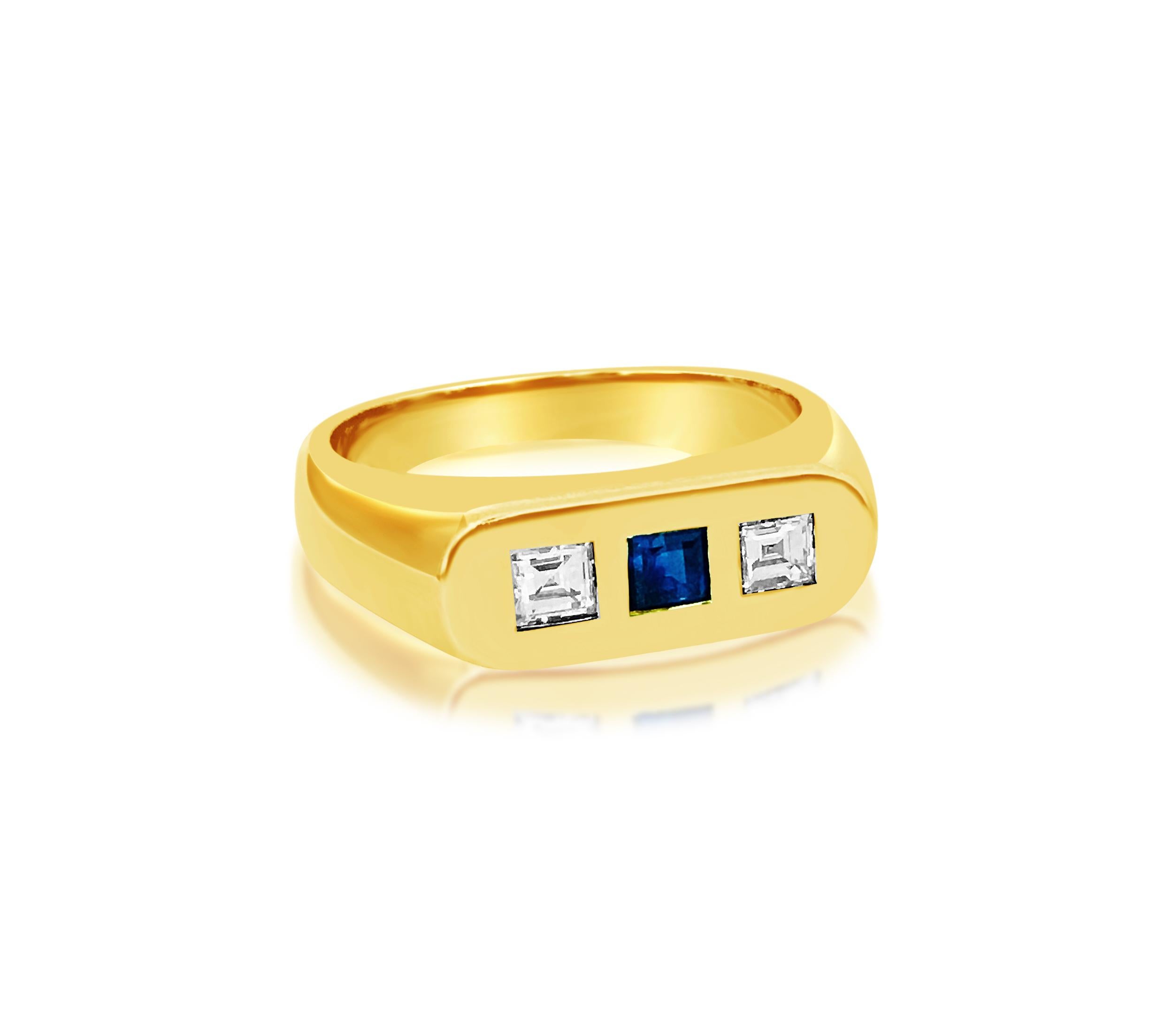 Metal: 18k yellow gold. 

Diamonds: carat weight total of 0.18cts. Princess cut diamonds set in bezel setting. VVS clarity and G color. 100% natural earth mined and genuine diamonds. Superb shimmer and shine.

 Blue sapphire: 0.10 carat weight