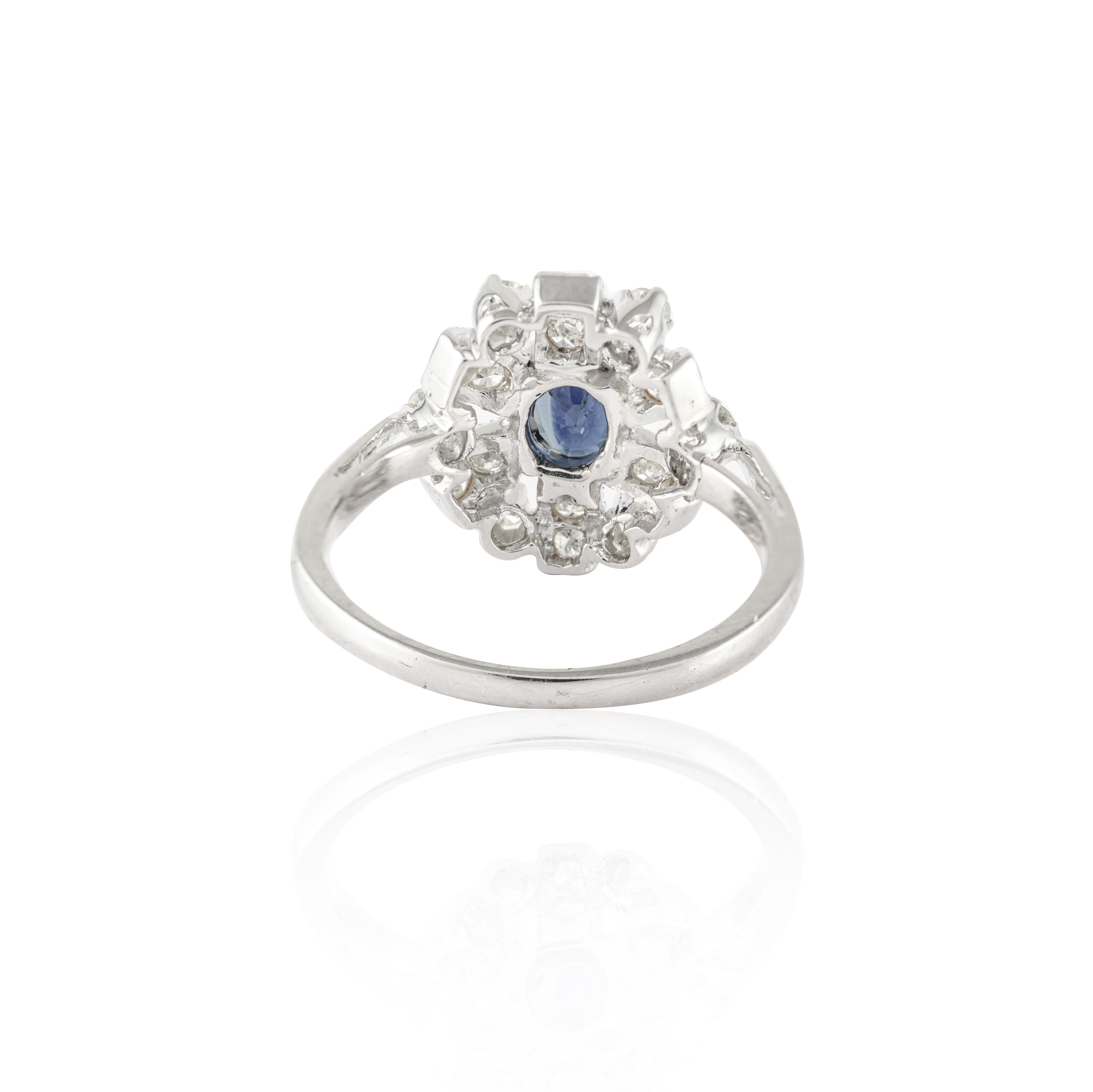 For Sale:  Estate Blue Sapphire and Halo Diamond Cluster Wedding Ring 14K Solid White Gold 6