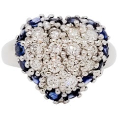 Estate Blue Sapphire and White Diamond Cluster Heart Ring in Platinum