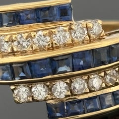 Estate Blue Sapphire & Diamond 5 Row Bypass Ring 18k Yellow Gold, 1.16ctw