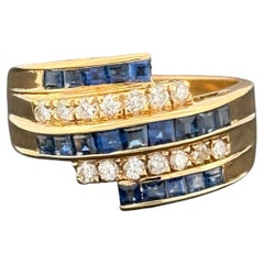 Estate Blue Sapphire & Diamond 5 Row Bypass Ring 18k Yellow Gold, 1.16ctw