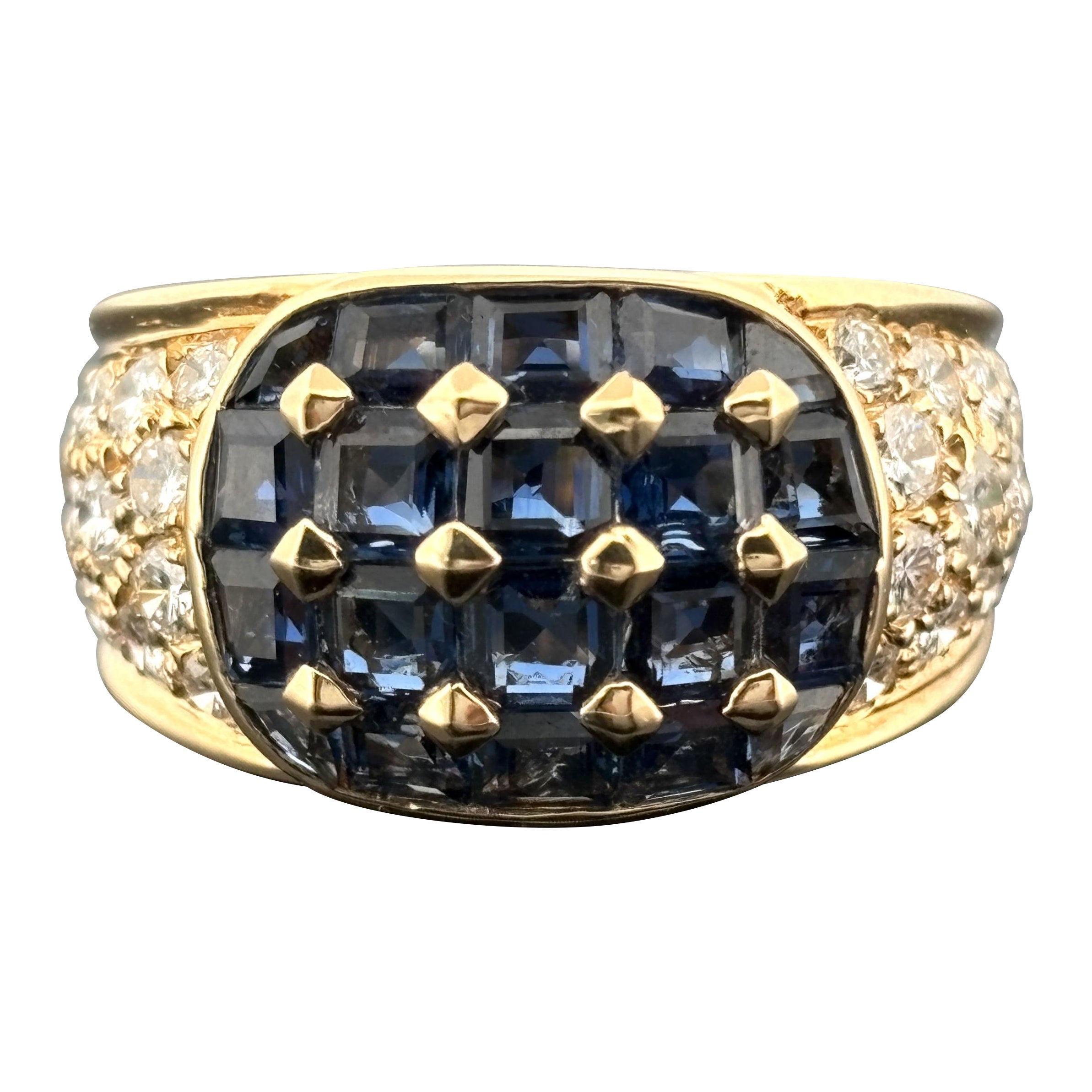Anello con zaffiro blu e diamanti Estate in oro giallo 18k 2,78ctw