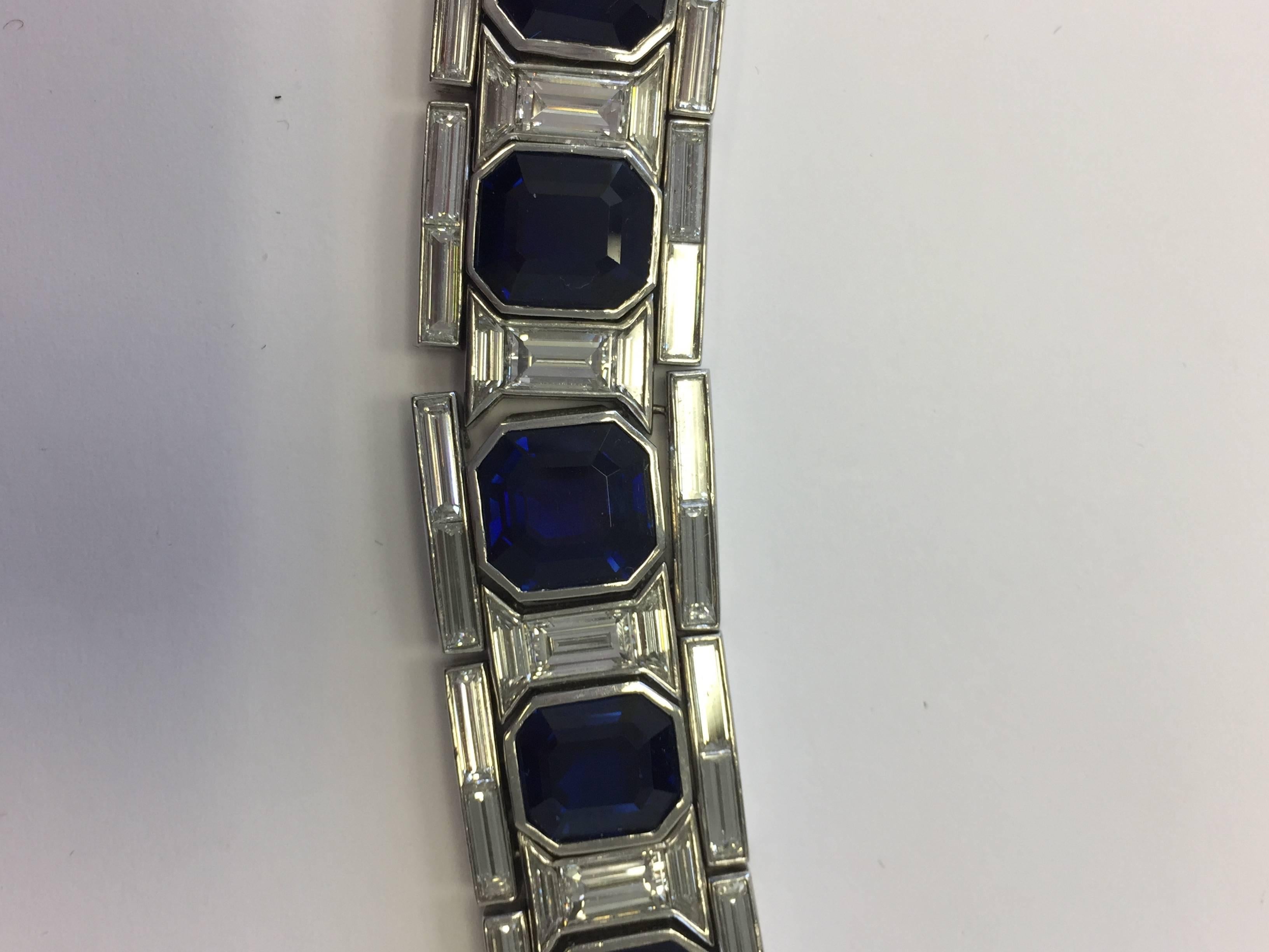 Women's or Men's Estate Blue Sapphire Octagon and Diamond Baguette Tanagro Bracelet