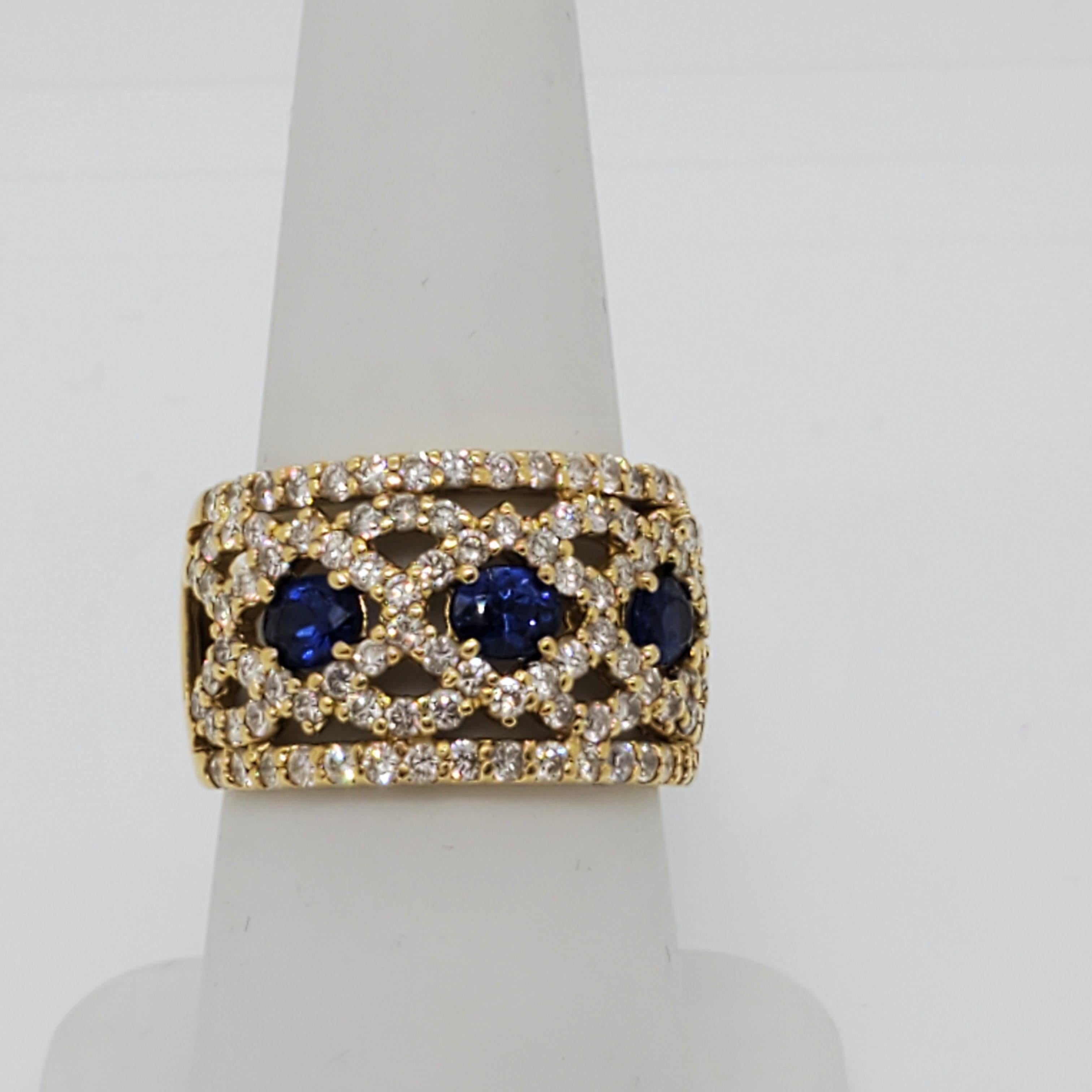 Women's or Men's Estate Blue Sapphire Oval and White Diamond Band Ring in 18k Yellow Gold