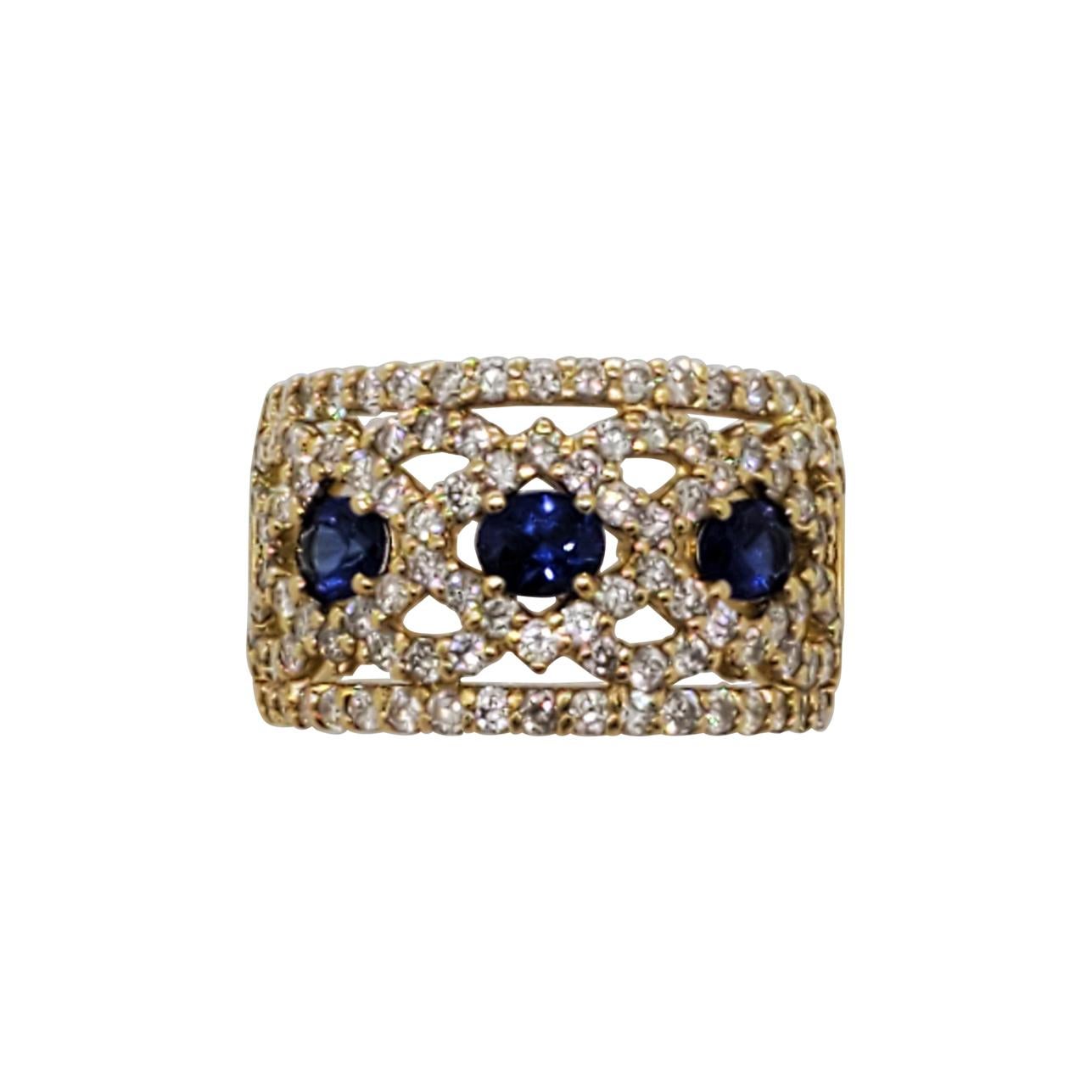 Estate Blue Sapphire Oval and White Diamond Band Ring in 18k Yellow Gold