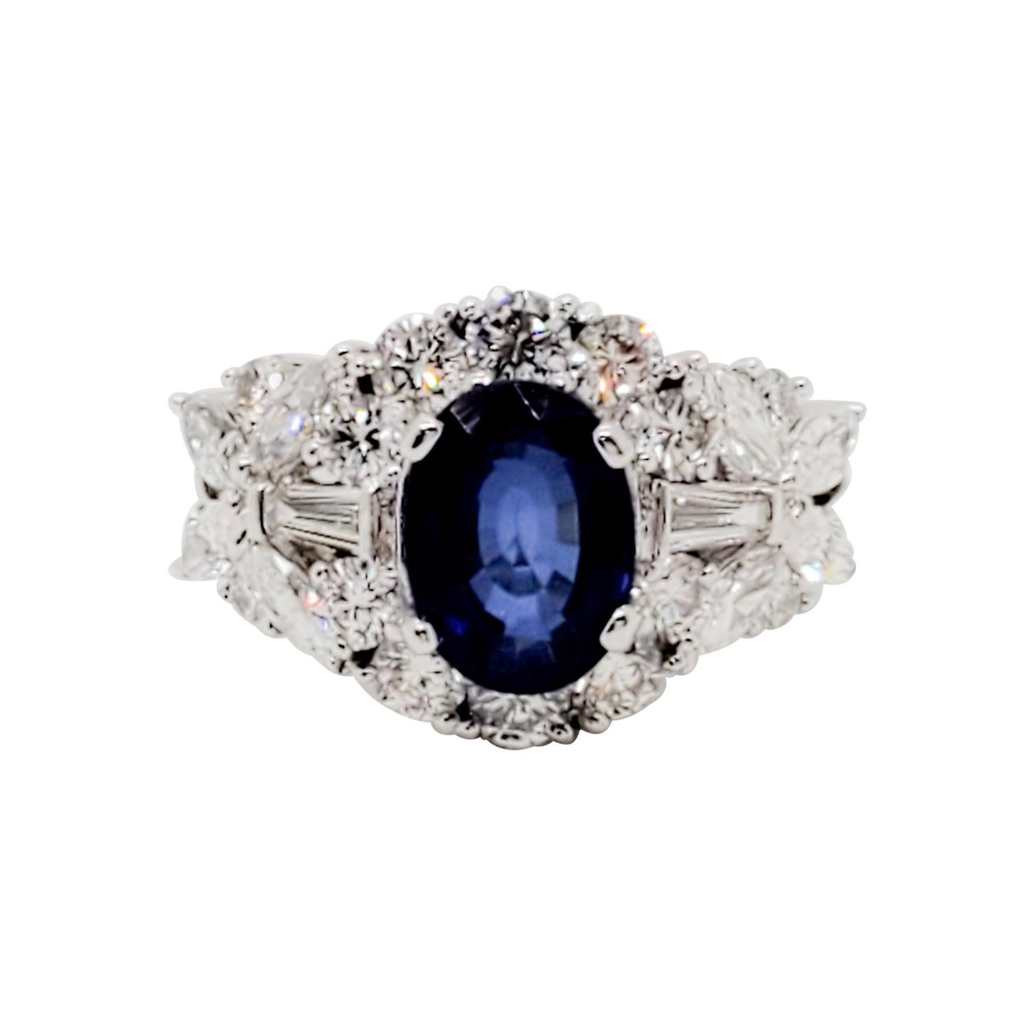 Estate Blue Sapphire Oval and White Diamond Cocktail Ring in 18 Karat White Gold