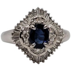Estate Blue Sapphire Oval and White Diamond Cocktail Ring in Platinum