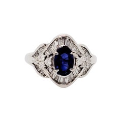 Estate Blue Sapphire Oval and White Diamond Cocktail Ring in Platinum