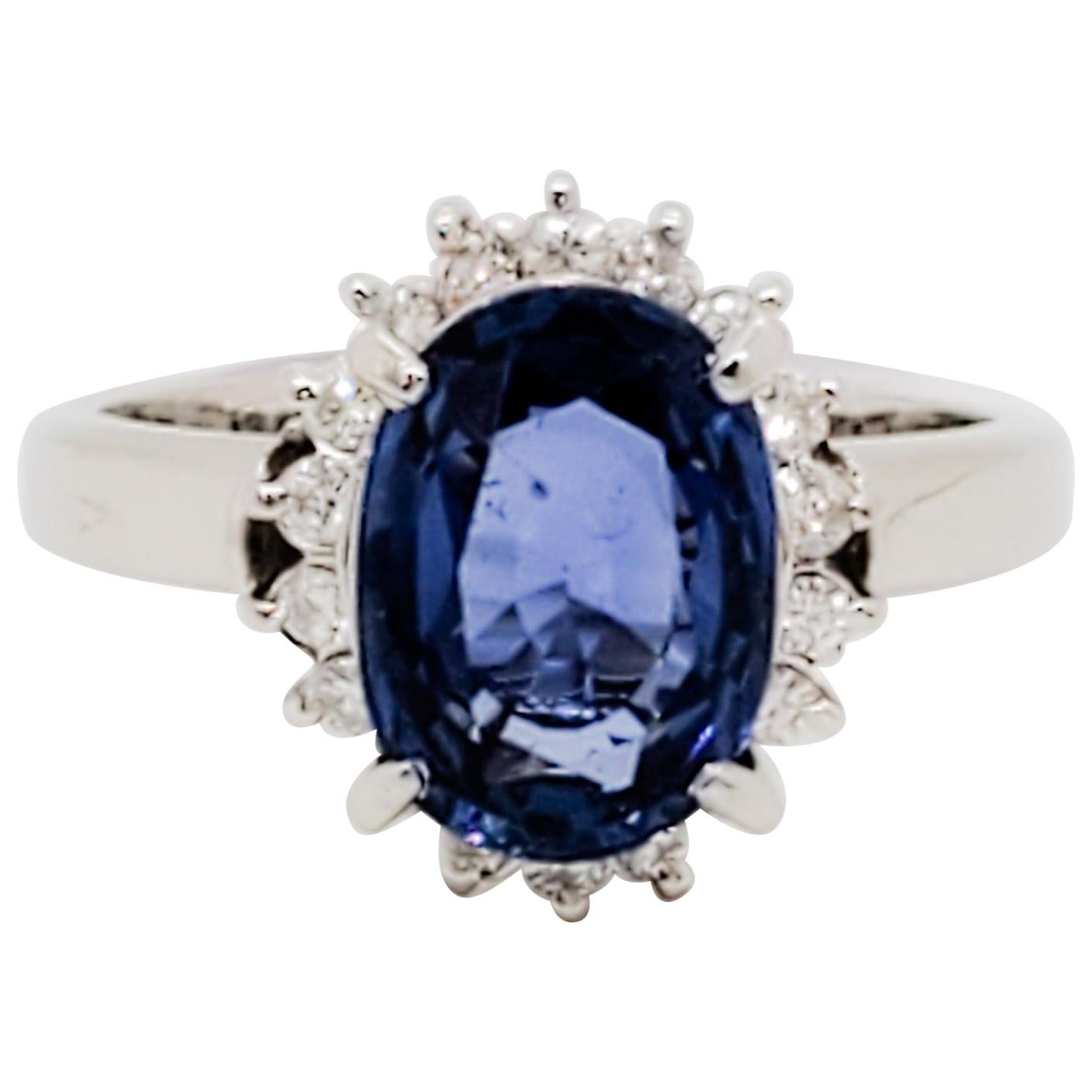 Estate Blue Sapphire Oval and White Diamond Cocktail Ring in Platinum