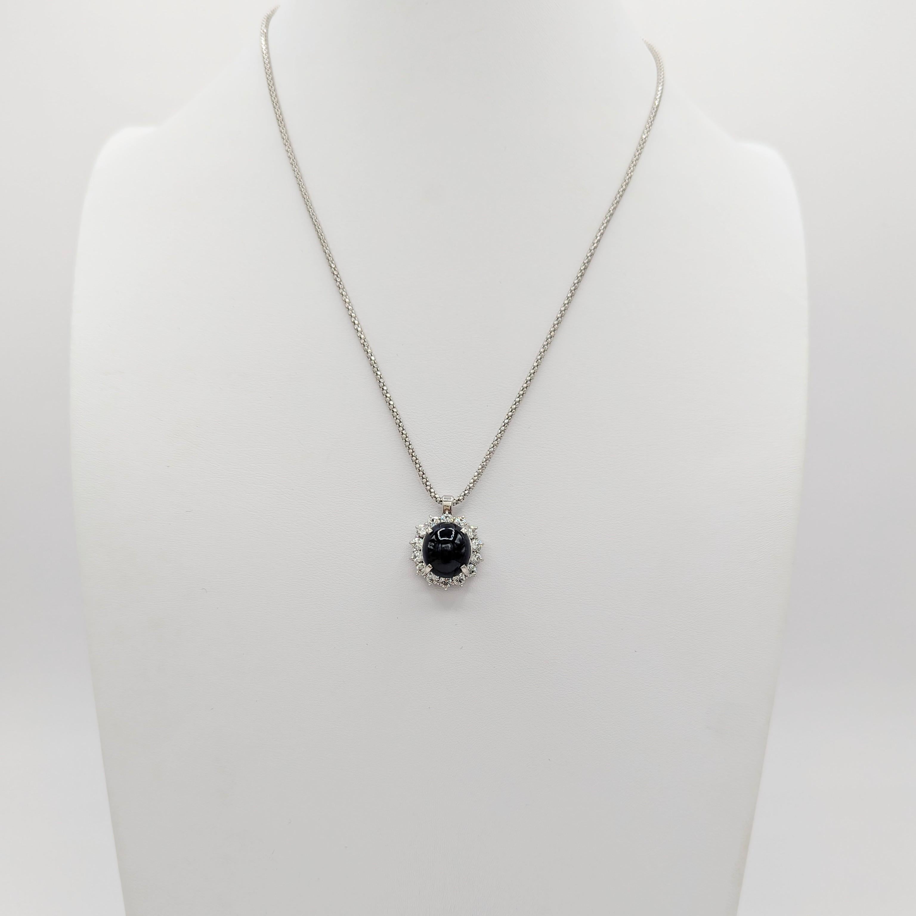  Blue Sapphire Oval Cabochon and Diamond Necklace in 18 Karat White Gold In New Condition For Sale In Los Angeles, CA
