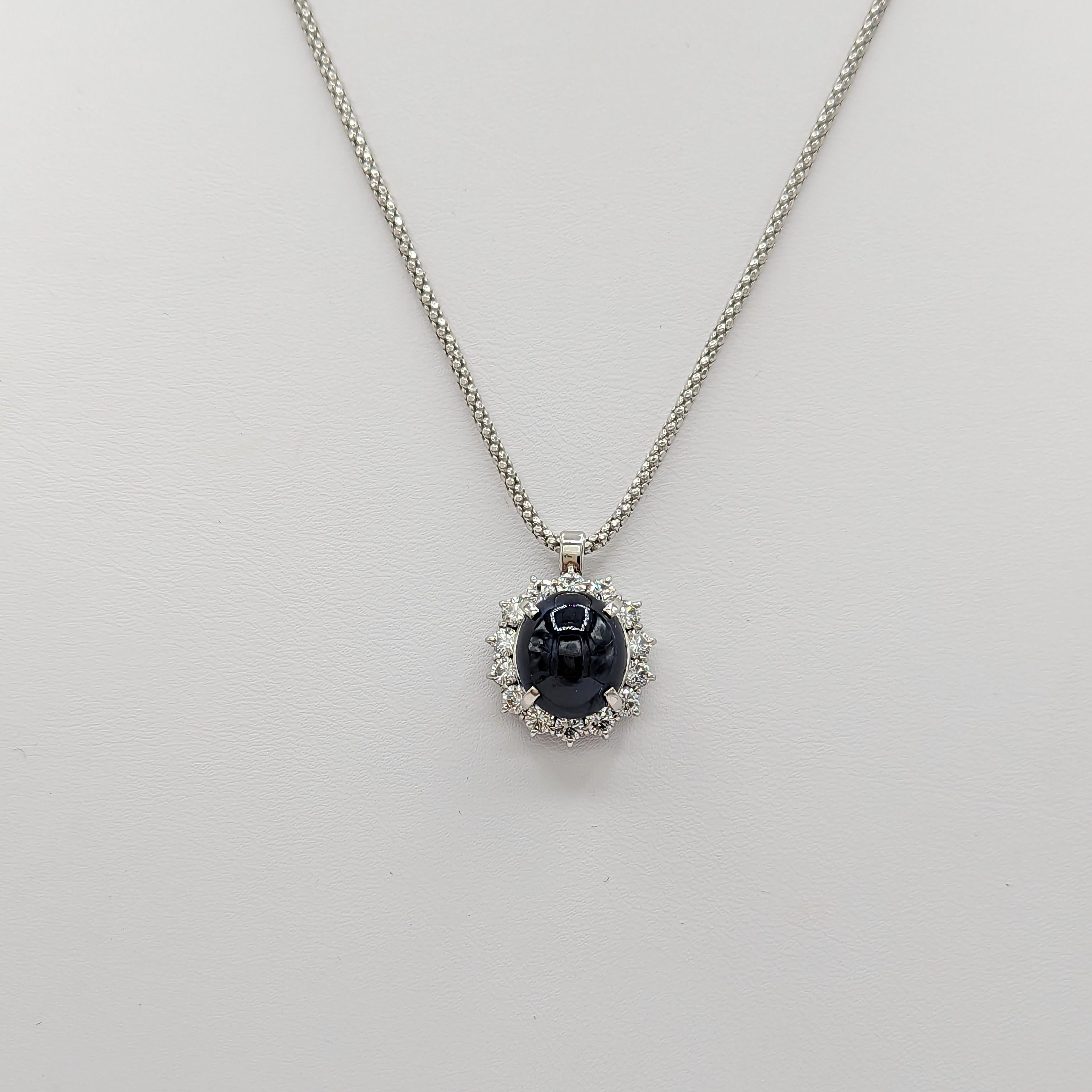 Women's or Men's  Blue Sapphire Oval Cabochon and Diamond Necklace in 18 Karat White Gold For Sale