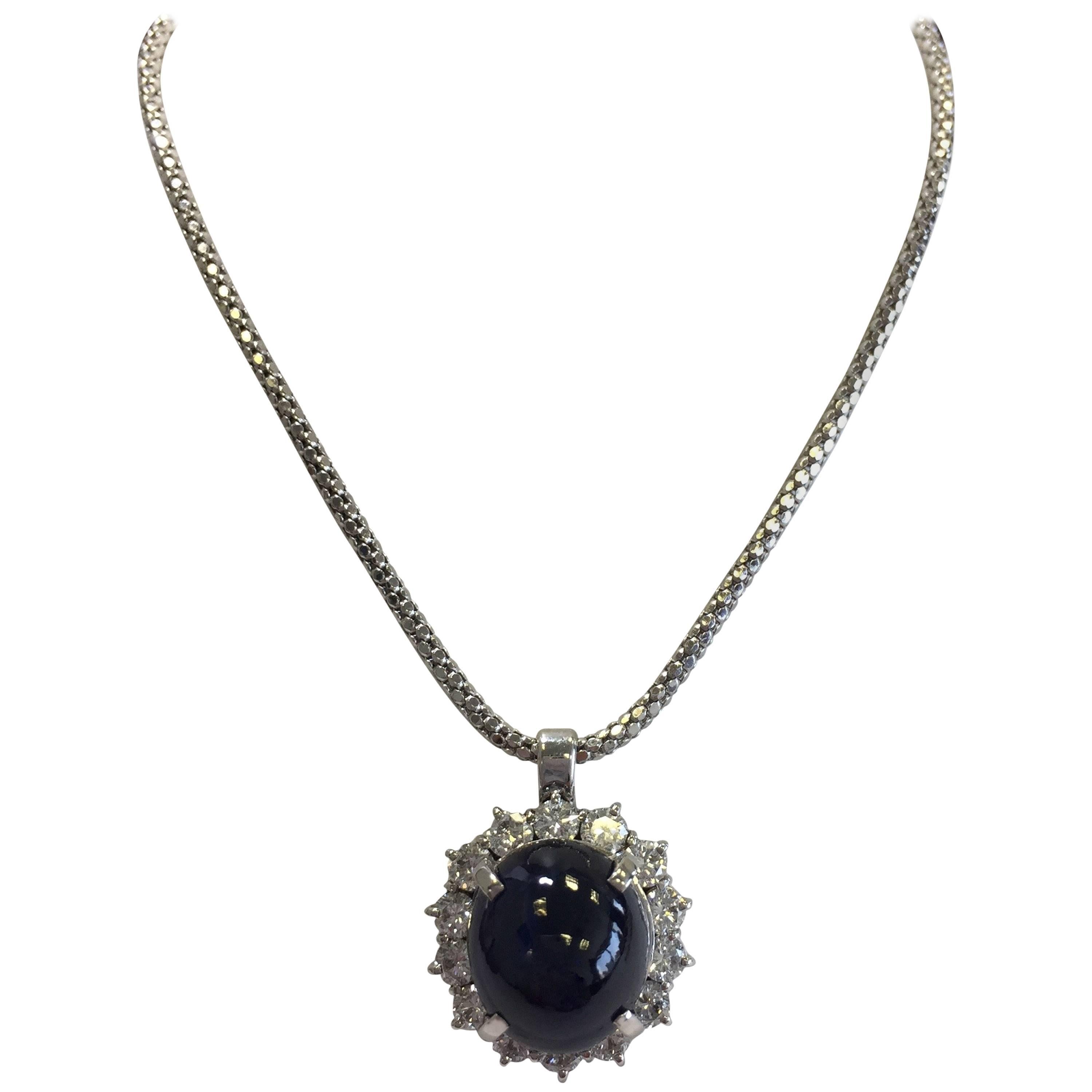  Blue Sapphire Oval Cabochon and Diamond Necklace in 18 Karat White Gold