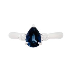 Estate Blue Sapphire Pear Shape and Diamond Ring in Platinum