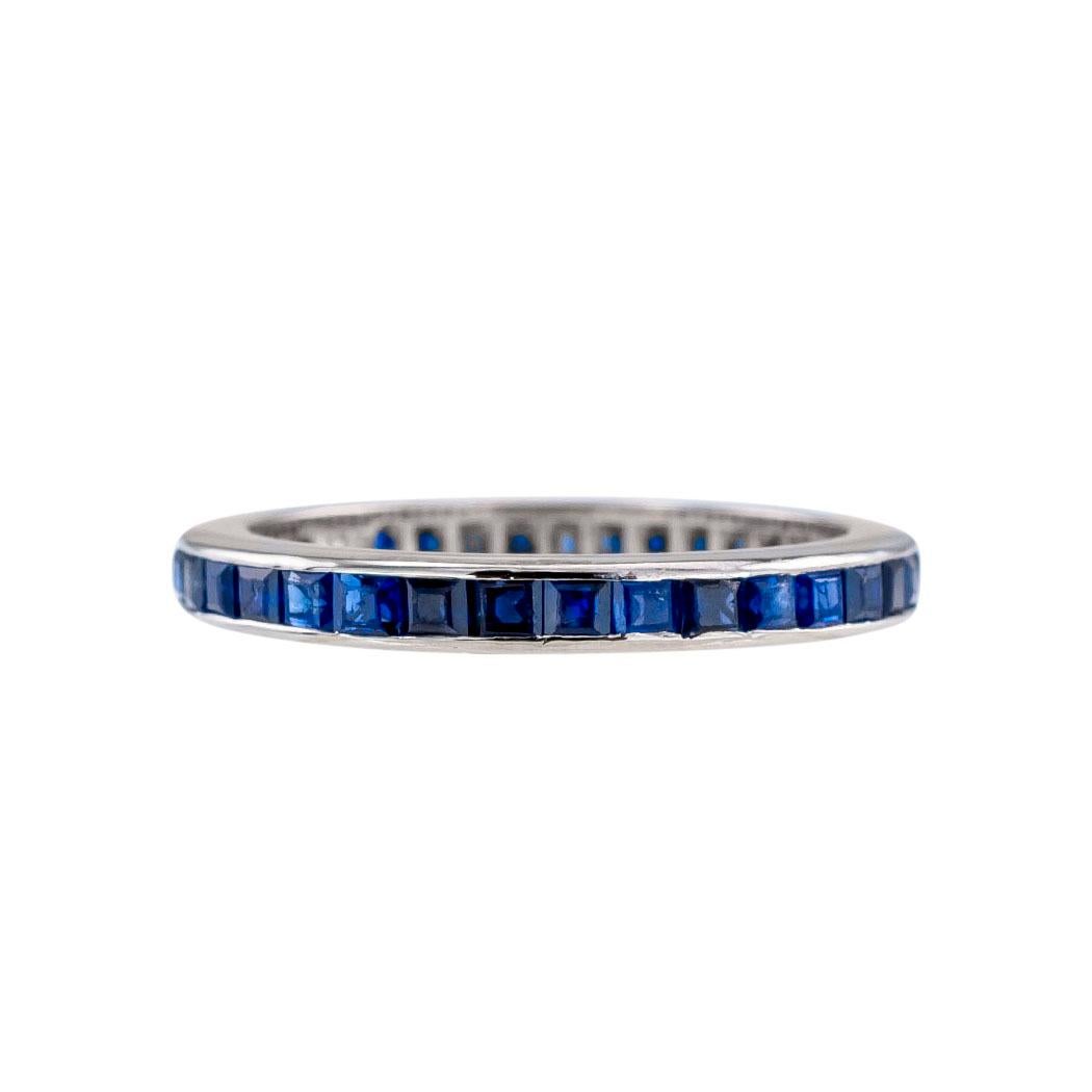 Estate blue sapphire and platinum eternity ring circa 1960.  Clear and concise information you want to know is listed below.  Contact us right away if you have additional questions.  We are here to connect you with beautiful and affordable jewelry. 