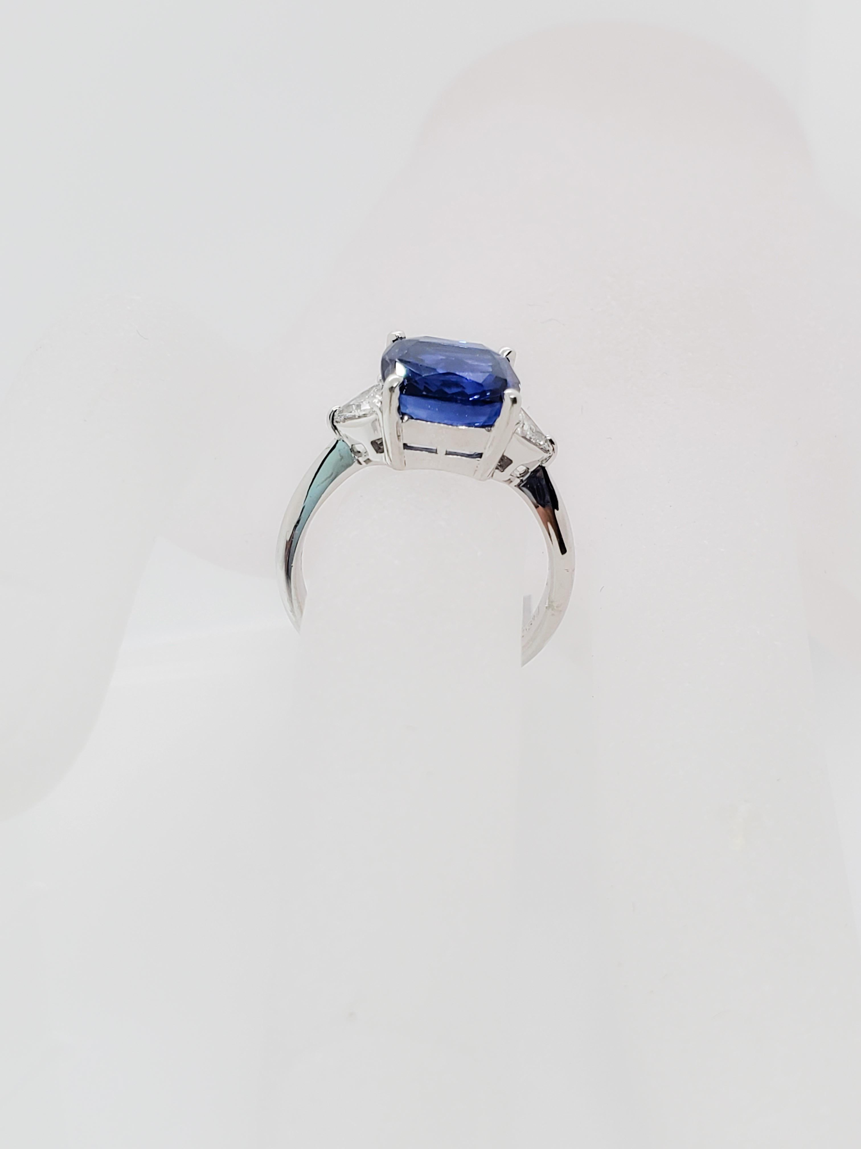 Women's or Men's Estate Blue Sapphire Square Cushion and White Diamond Platinum Three-Stone Ring