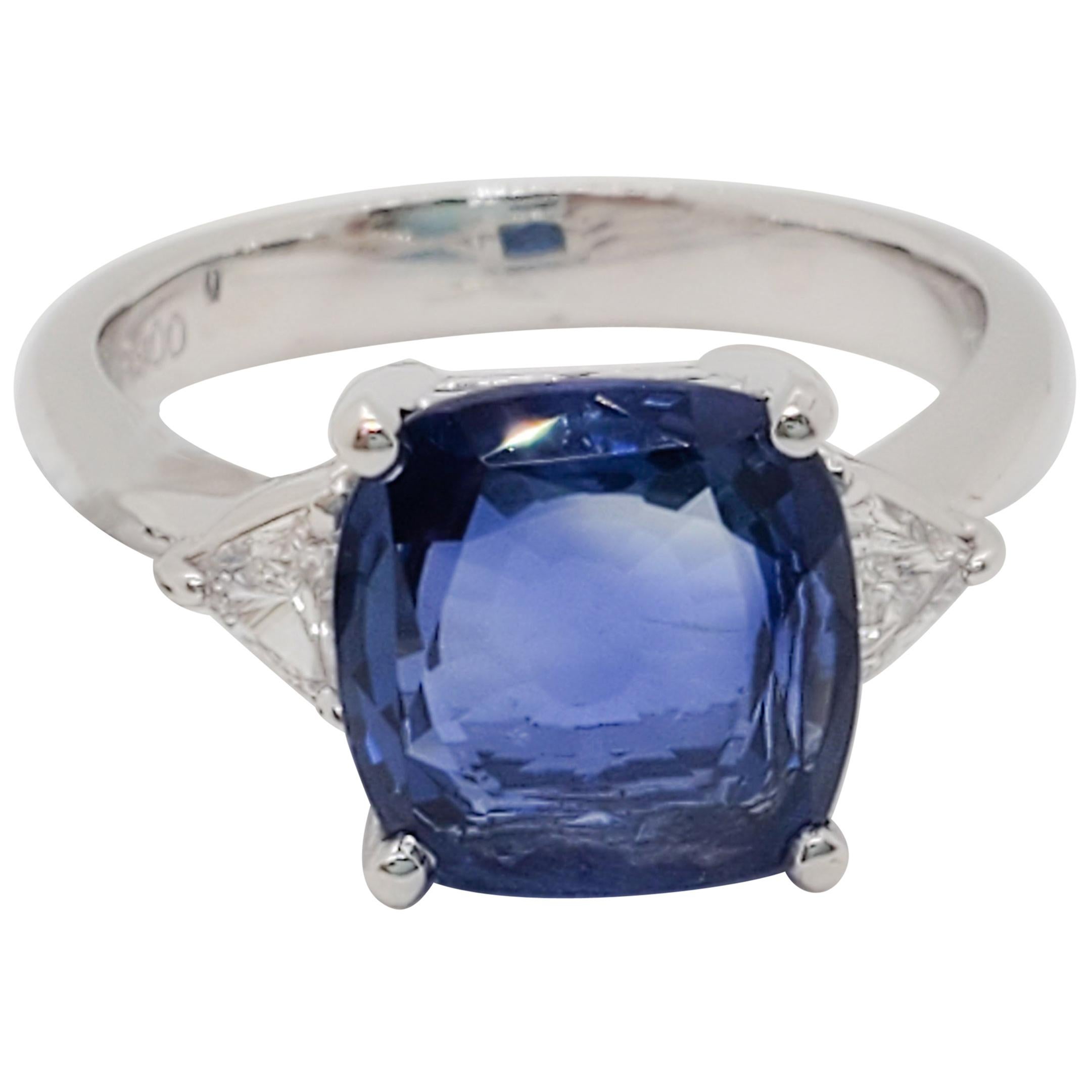 Estate Blue Sapphire Square Cushion and White Diamond Platinum Three-Stone Ring