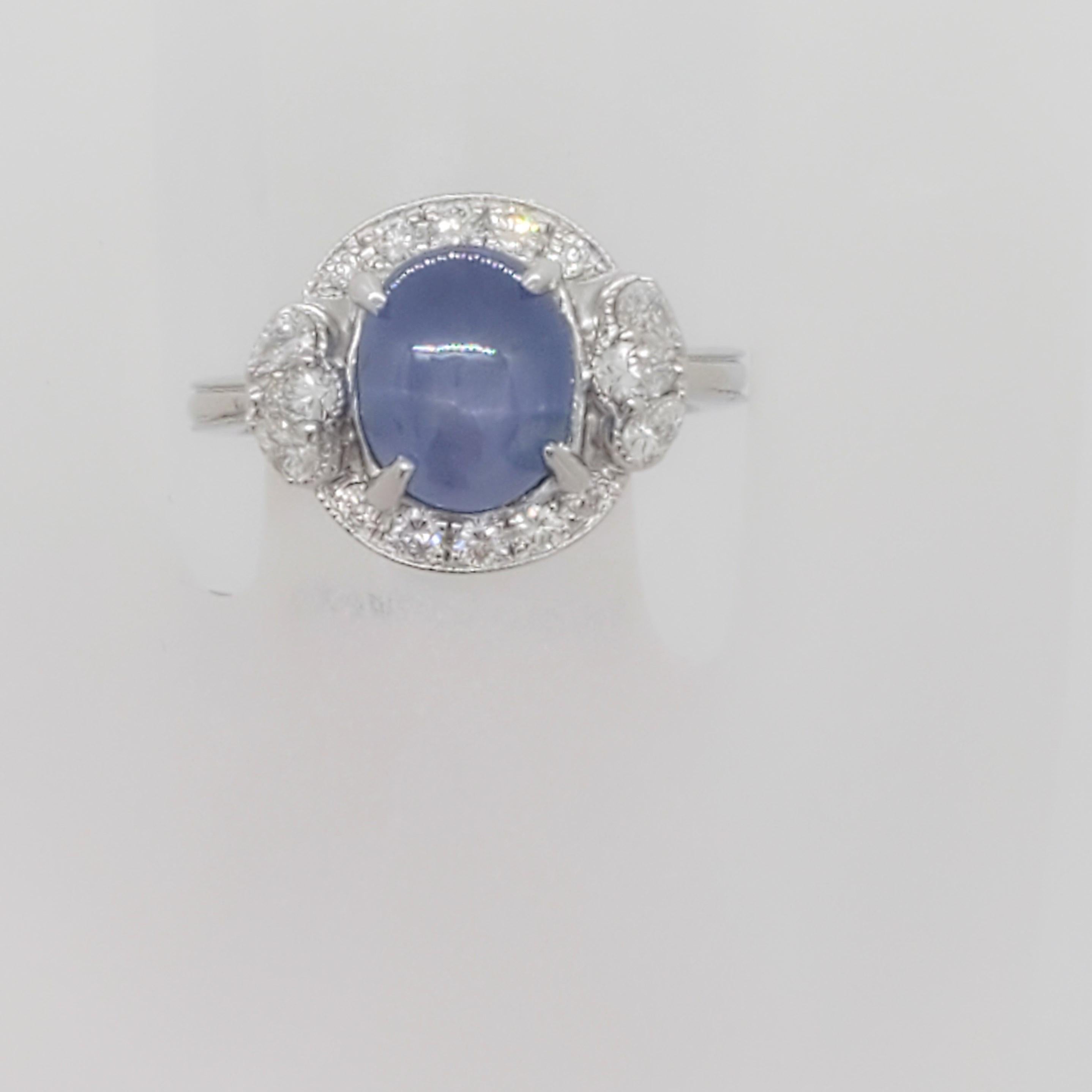 Oval Cut Estate Blue Star Sapphire and White Diamond Cocktail Ring in 18k White Gold