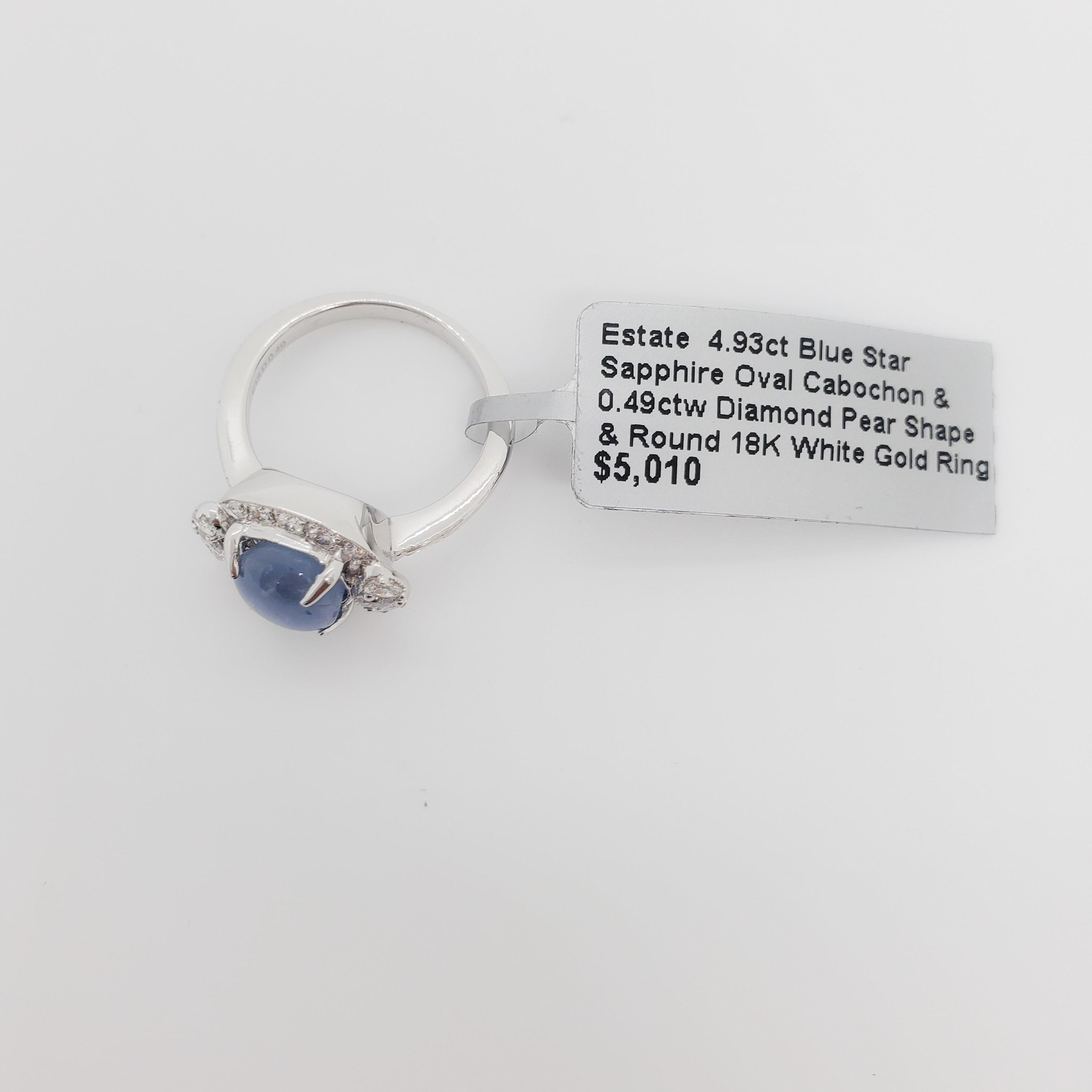 Estate Blue Star Sapphire and White Diamond Cocktail Ring in 18k White Gold In Excellent Condition In Los Angeles, CA
