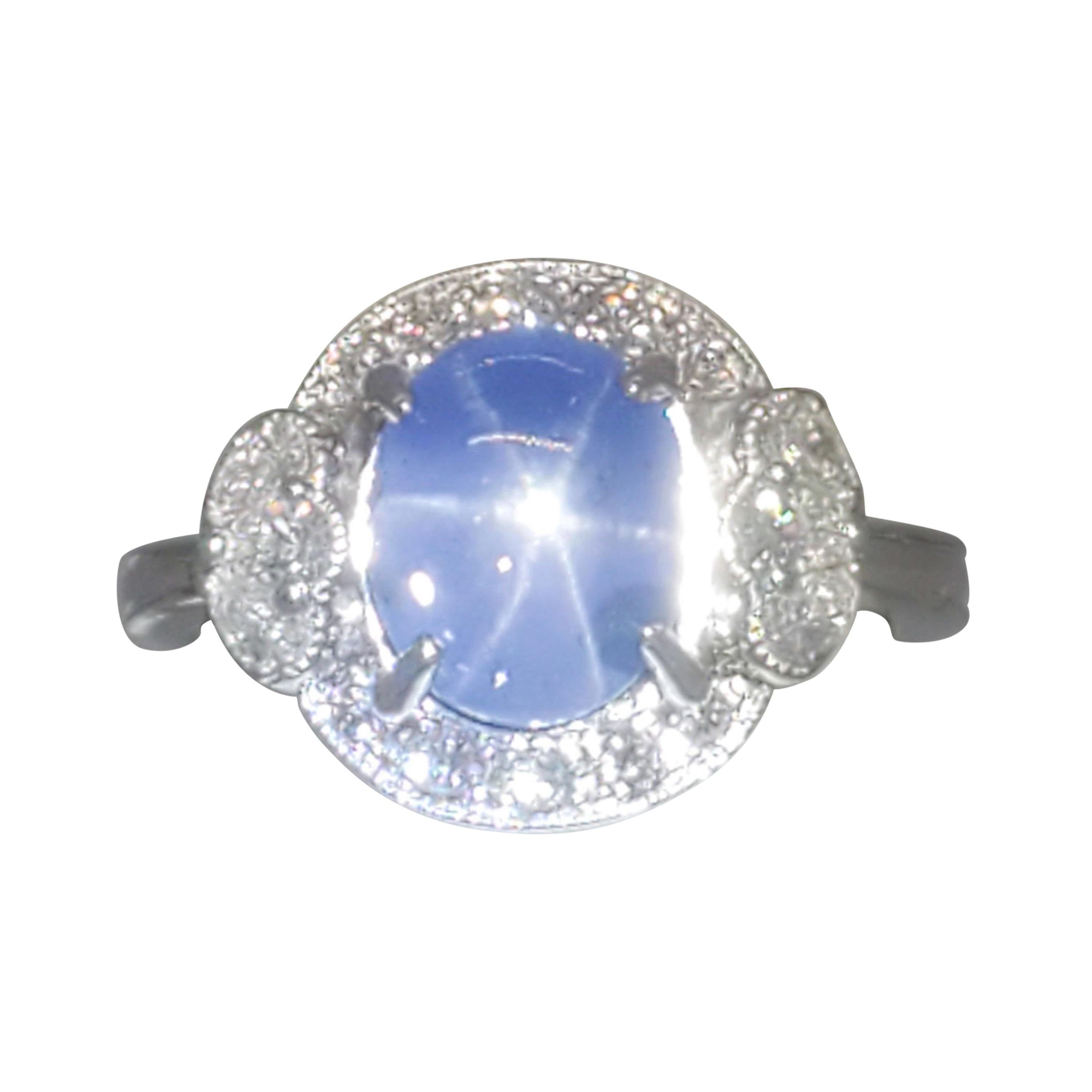 Estate Blue Star Sapphire and White Diamond Cocktail Ring in 18k White Gold