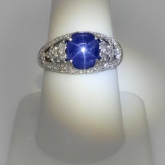 Estate Blue Star Sapphire and White Diamond Cocktail Ring in Platinum