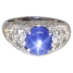 Estate Blue Star Sapphire and White Diamond Cocktail Ring in Platinum
