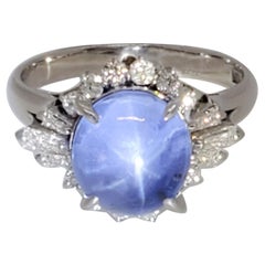 Estate Blue Star Sapphire and White Diamond Cocktail Ring in Platinum