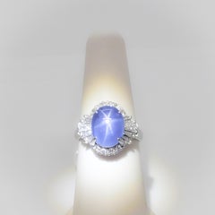 Estate Blue Star Sapphire Oval and White Diamond Cocktail Ring in Platinum